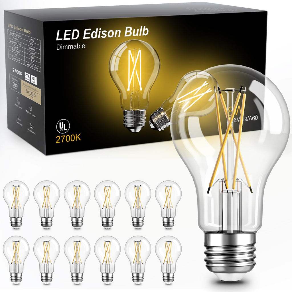 TJOY 12 Pack A19 Vintage LED Edison Bulbs, Dimmable, 60W Equivalent, High