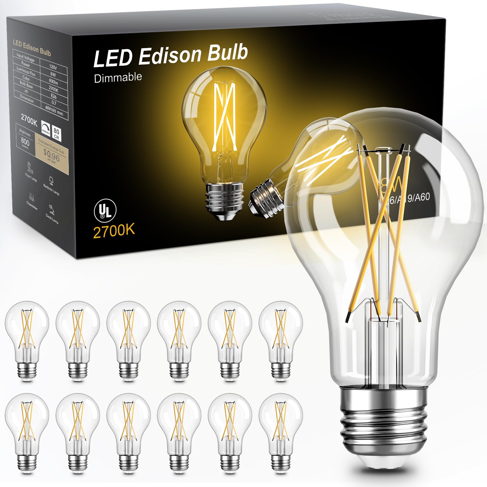 TJOY 12 Pack A19 Vintage LED Edison Bulbs, Dimmable, 60W Equivalent, High