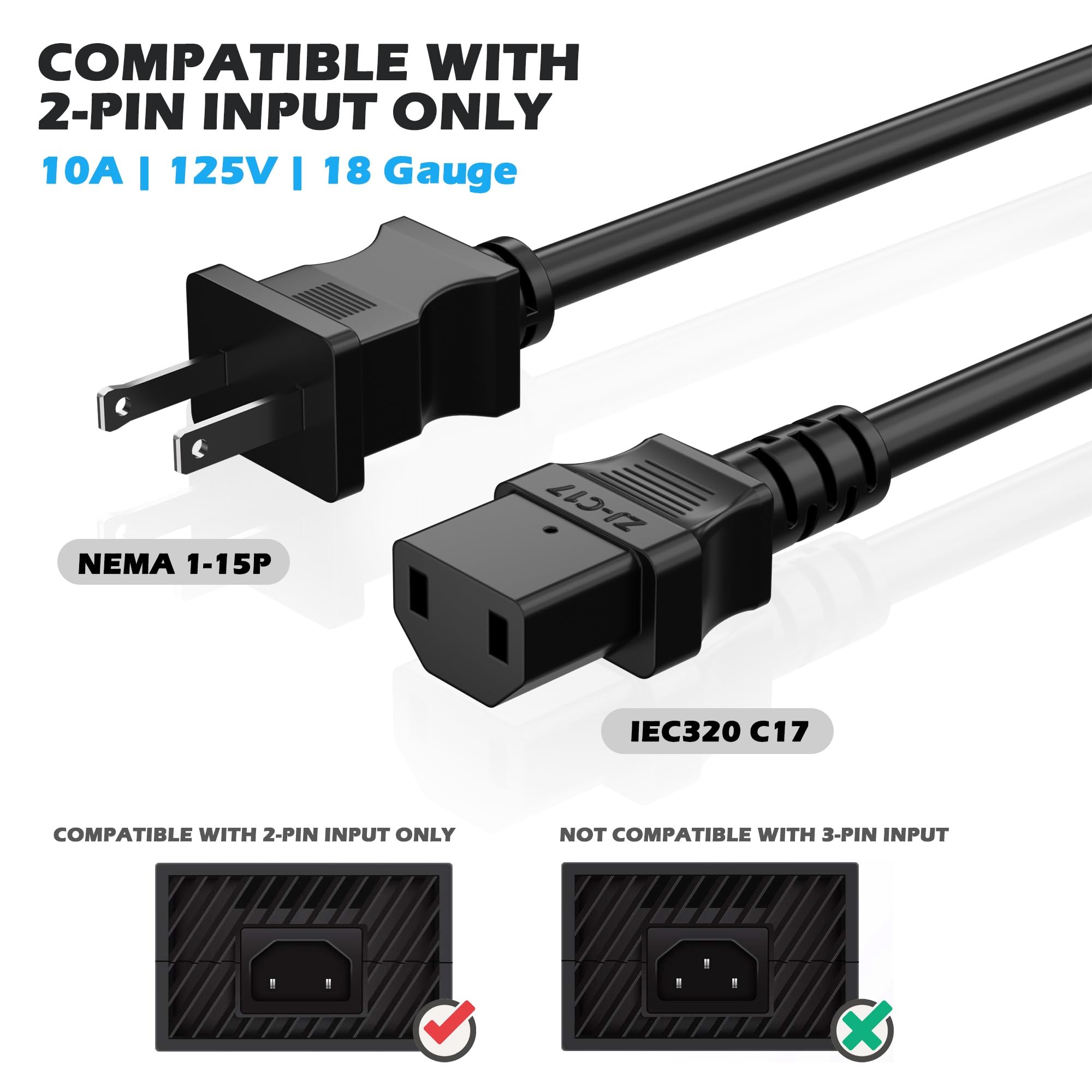 HiFind 2 Prong TV Xbox Power Cord Replacement 6 Ft/2 Pack, 18 AWG AC Power
