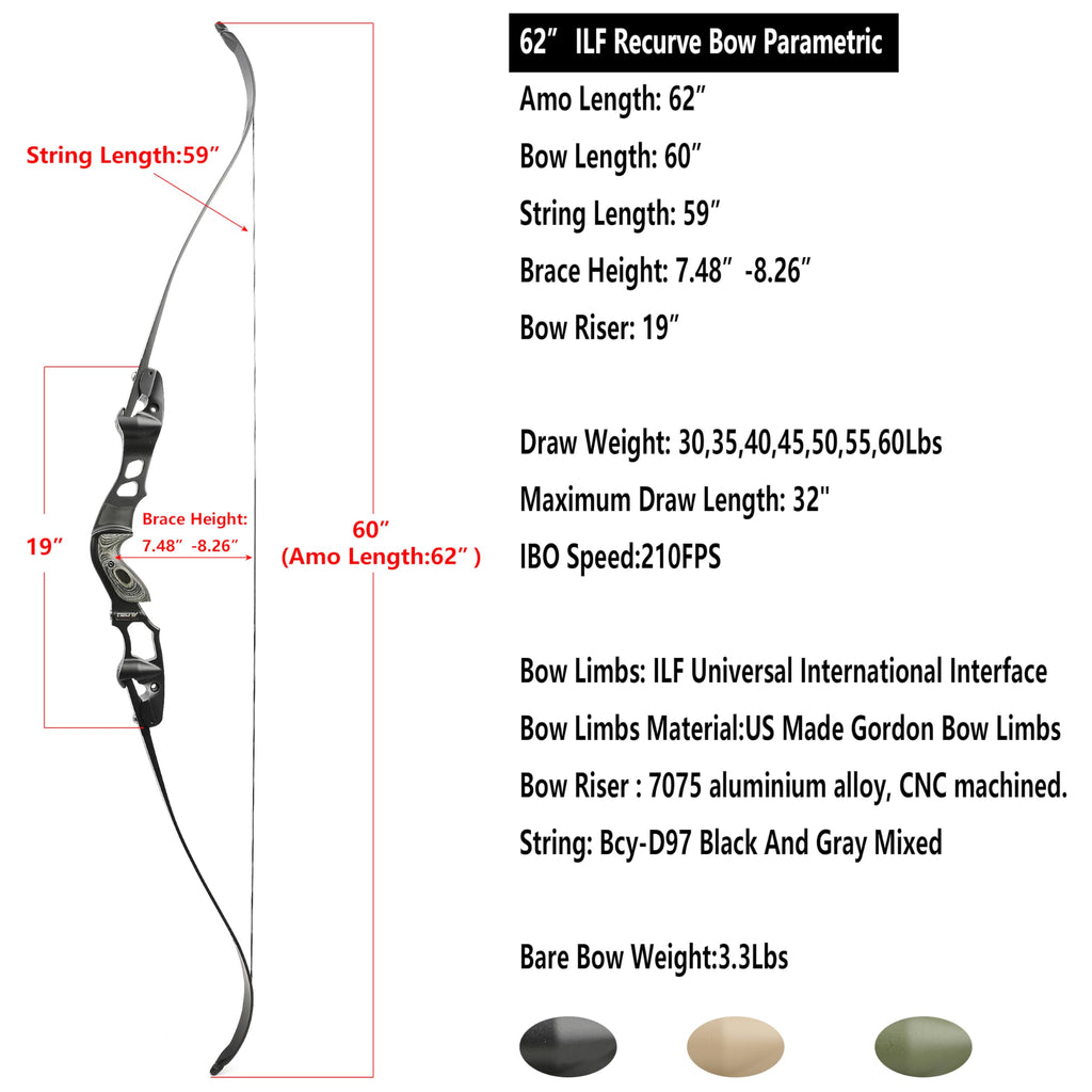 62" ILF Recurve Bow Takedown 30-60lbs Gordon Limbs CNC Right Hand Adult Black