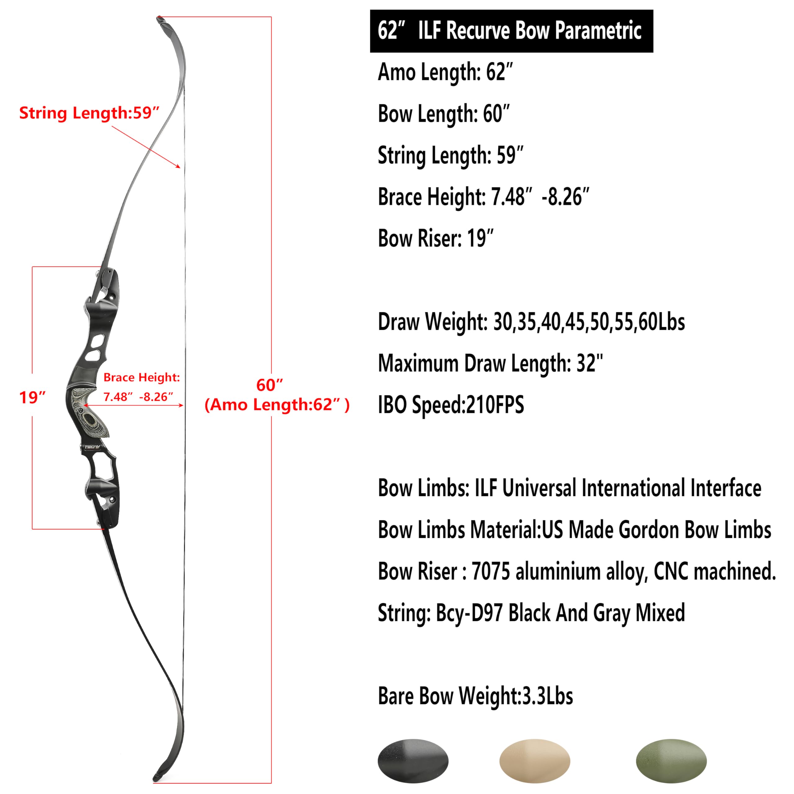 62" ILF Recurve Bow Takedown 30-60lbs Gordon Limbs CNC Right Hand Adult Black