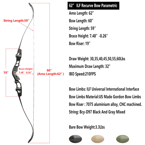 62" ILF Recurve Bow Takedown 30-60lbs Gordon Limbs CNC Right Hand Adult Black