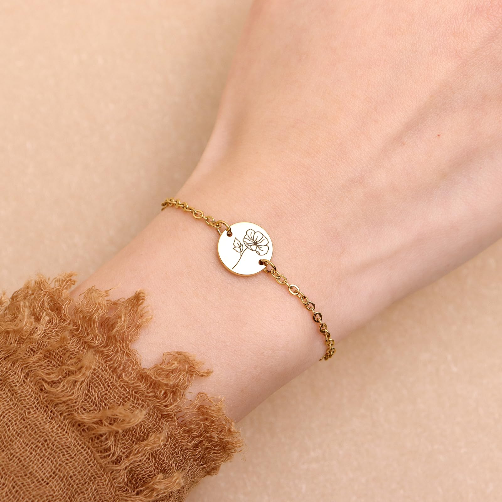 Birth Flower Gold Chain Bracelet for Women Adjustable Stackable Jewelry Gift