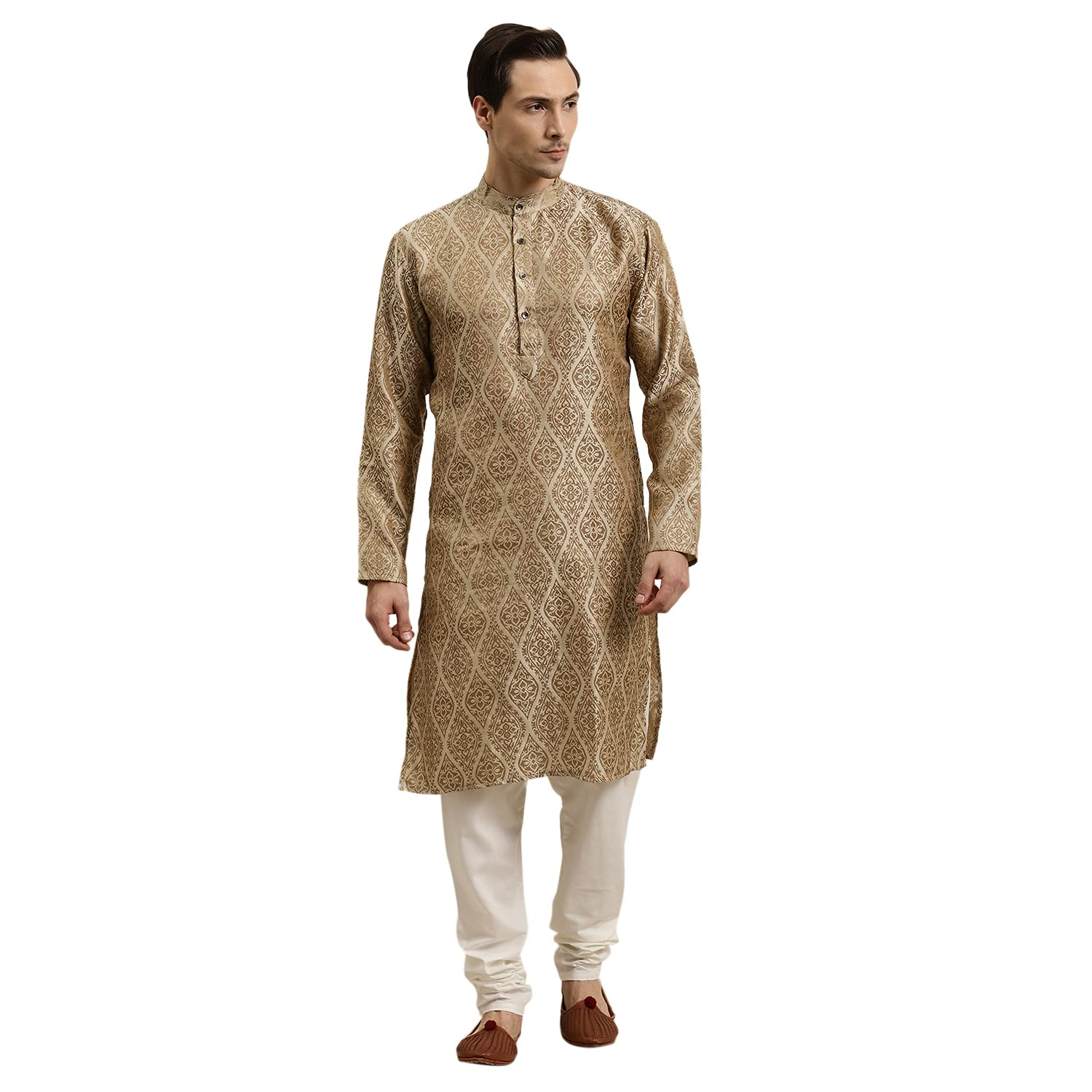 Sojanya (Since 1958 Men'S Jacquard Silk Beige & Gold Kurta, 3XL