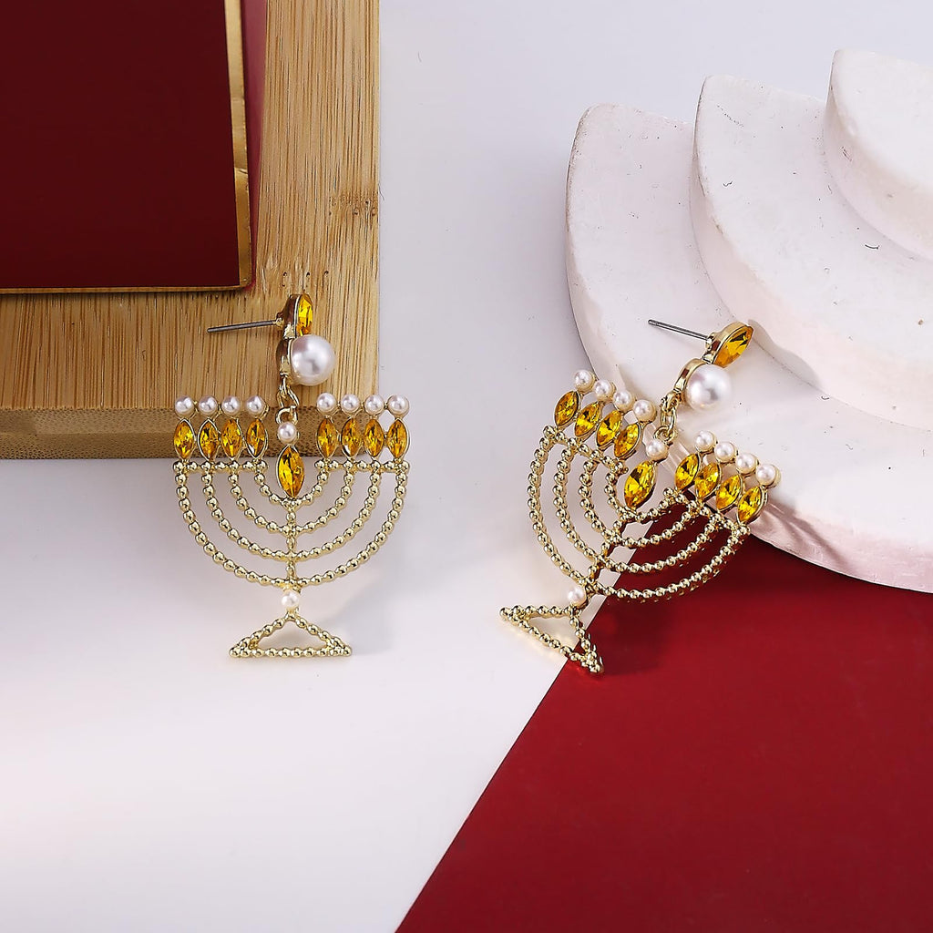 Hanukkah Earrings for Women Pearl Menorah Earrings Stud Jewish Holiday Jewelry