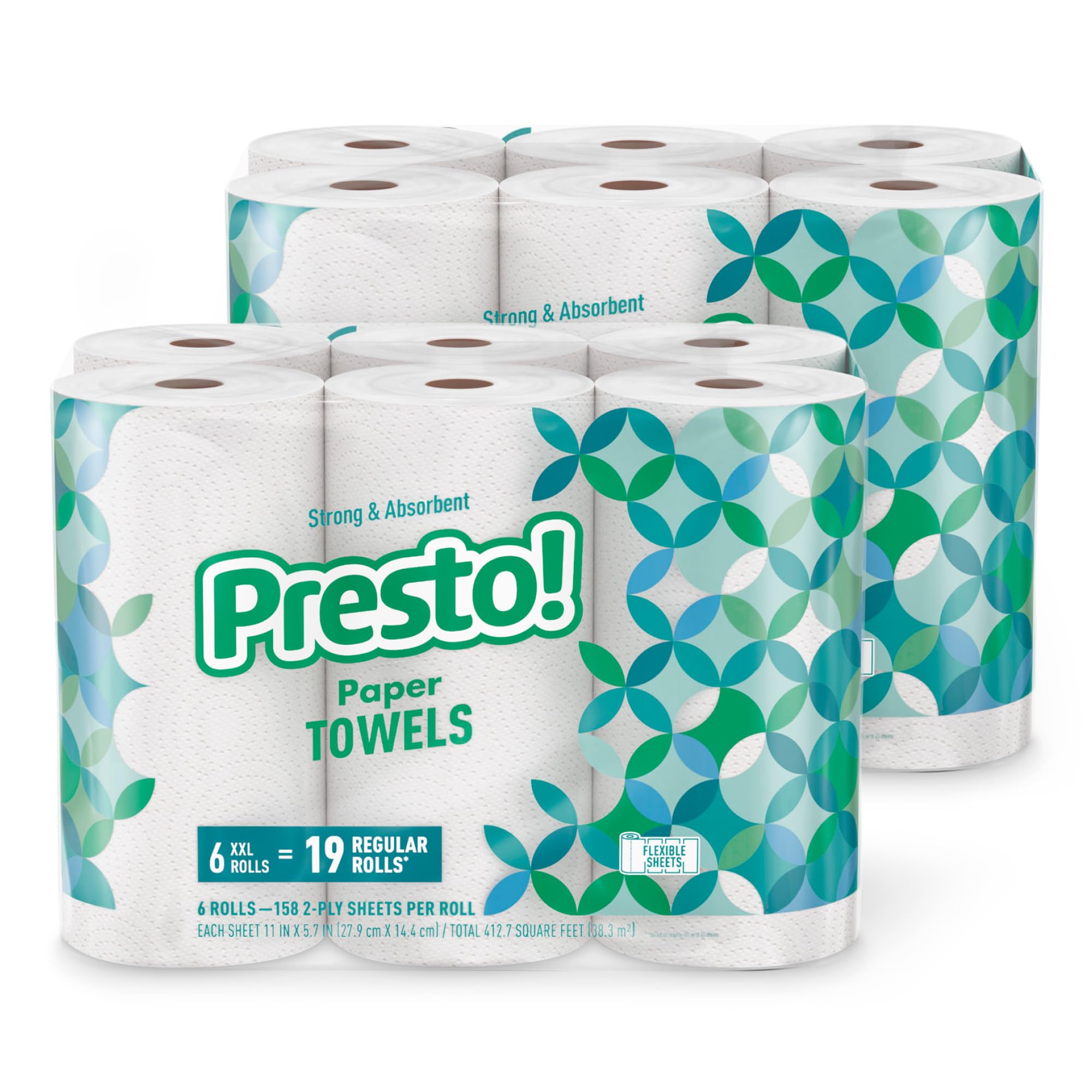 12 Rolls Amazon Brand Presto! Flex-a-Size Paper Towels 158 Sheet Huge Roll