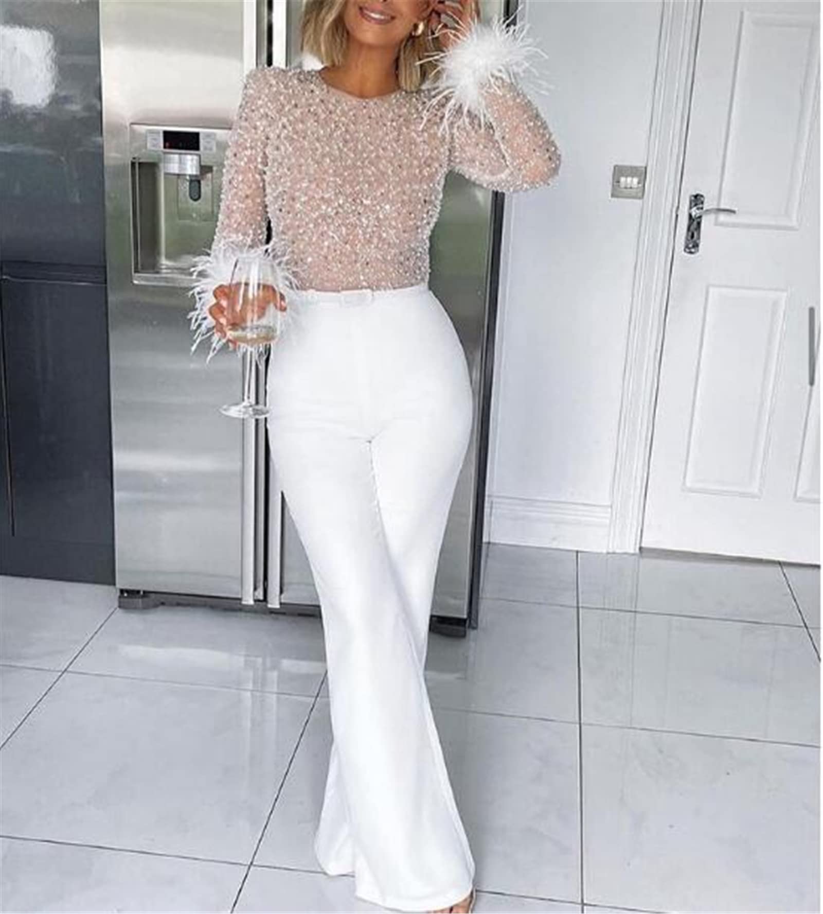 FURINFASHION Women White Sequin Jumpsuit Ostrich Feather Patchwork Pants Set L