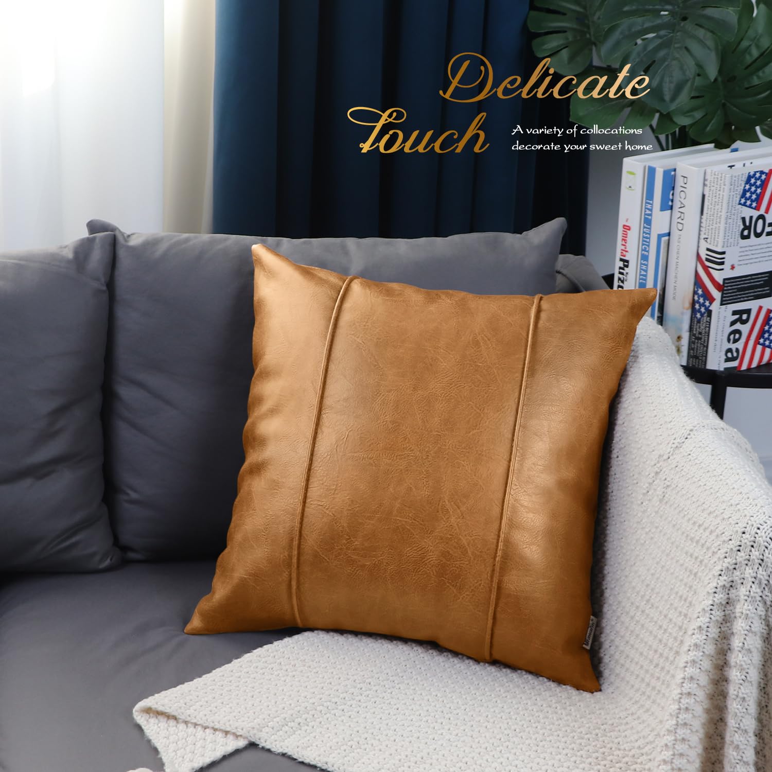BRAWARM Tan Leather Throw Pillow Covers 22 X 22 Inches - Faux Leather Pillow