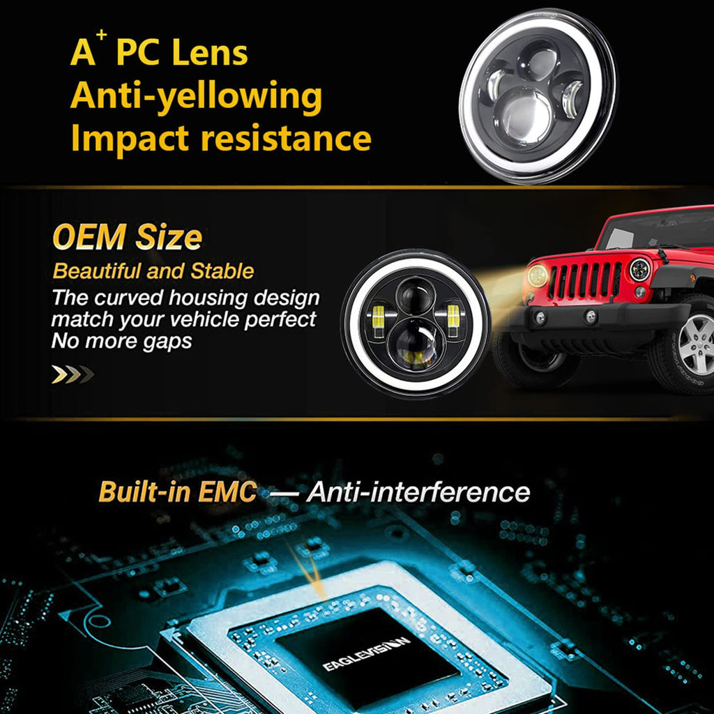 Shkalacar 7inch LED Headlight H4 140W Angel Eyes Round 4 Modes 14000LM 6000K