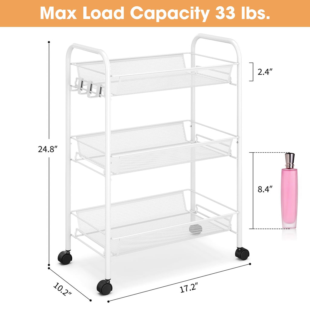 TOOLF 3-Tier Metal Rolling Cart Mesh Wire Storage Trolley Wheels 3 Hooks