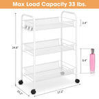 TOOLF 3-Tier Metal Rolling Cart Mesh Wire Storage Trolley Wheels 3 Hooks