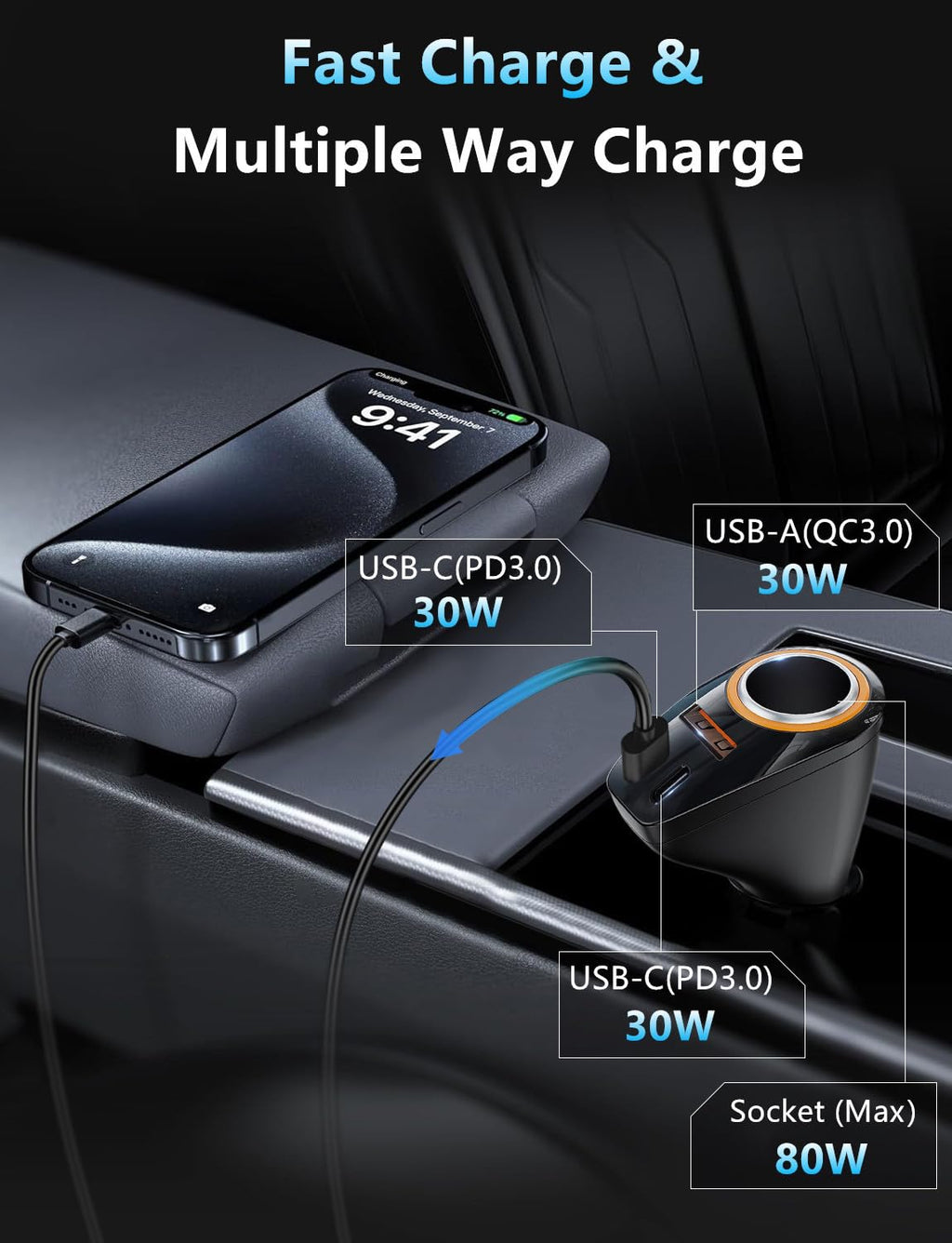 4 in 1 USB C Car Charger, 170W Multi USB Cigarette Lighter Adapter, Socket