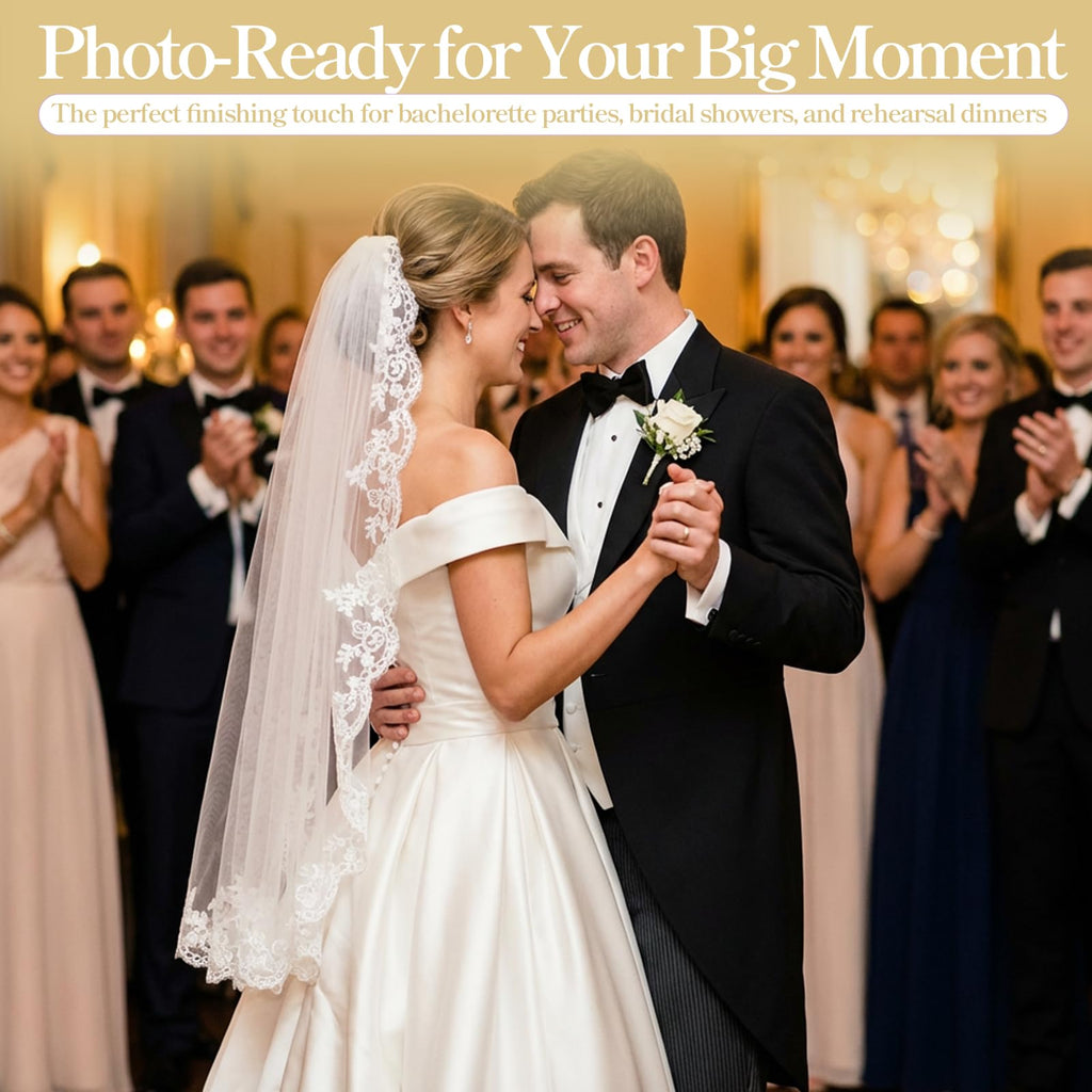 Josojoou White Wedding Bridal Veil, (Comb not included) 1 Tier Floral Edge