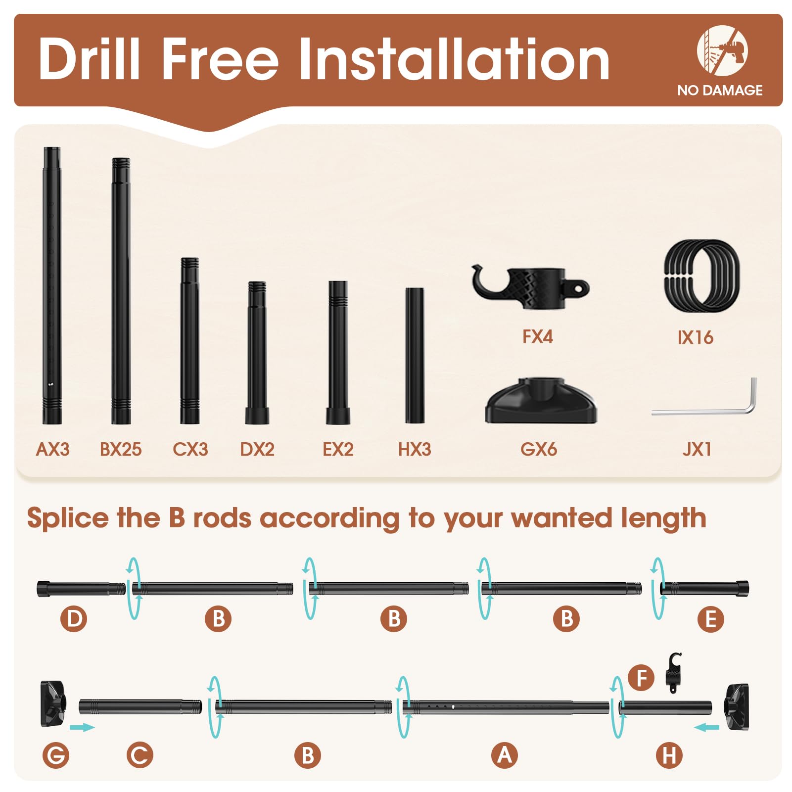 SUNALLY Room Divider Tension Curtain Rod Adjustable 4-10ft Black Heavy Duty