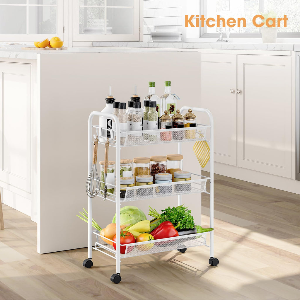 TOOLF 3-Tier Metal Rolling Cart Mesh Wire Storage Trolley Wheels 3 Hooks