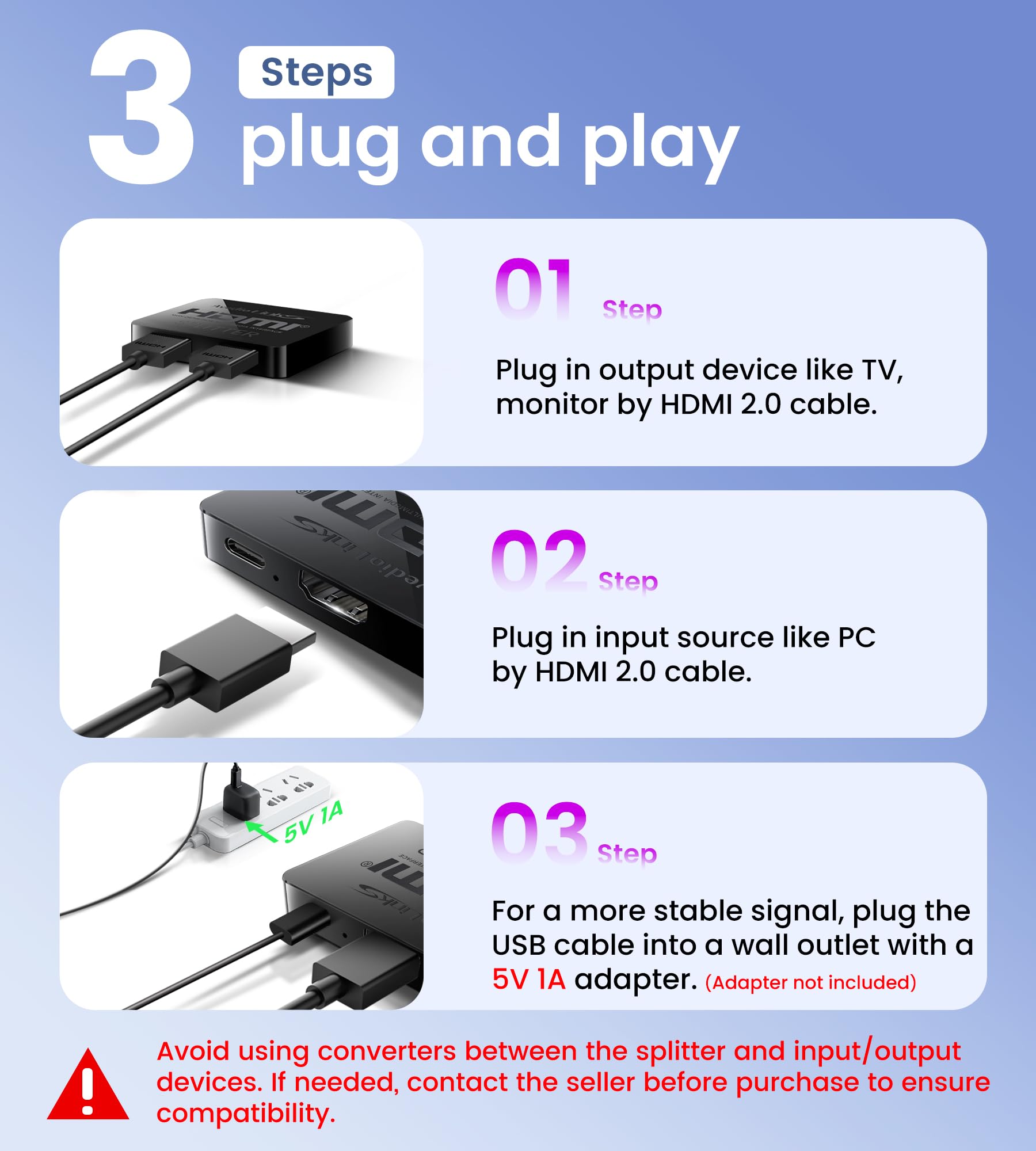 avedio links HDMI Splitter 1 in 2 Out [w/ 4 Ft Hdmi Cable]Not for Extended