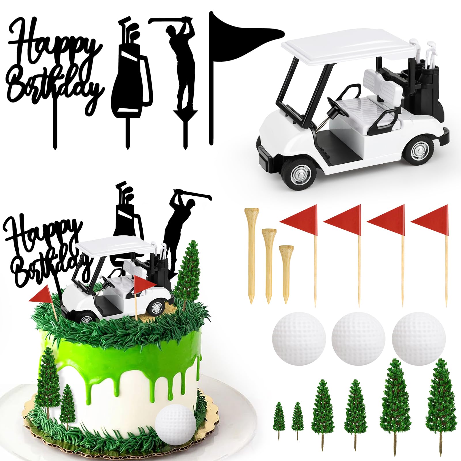 21 Pack Golf Cake Decorations Set with Golf Cart Toy Flag Golf Ball Green Tree,