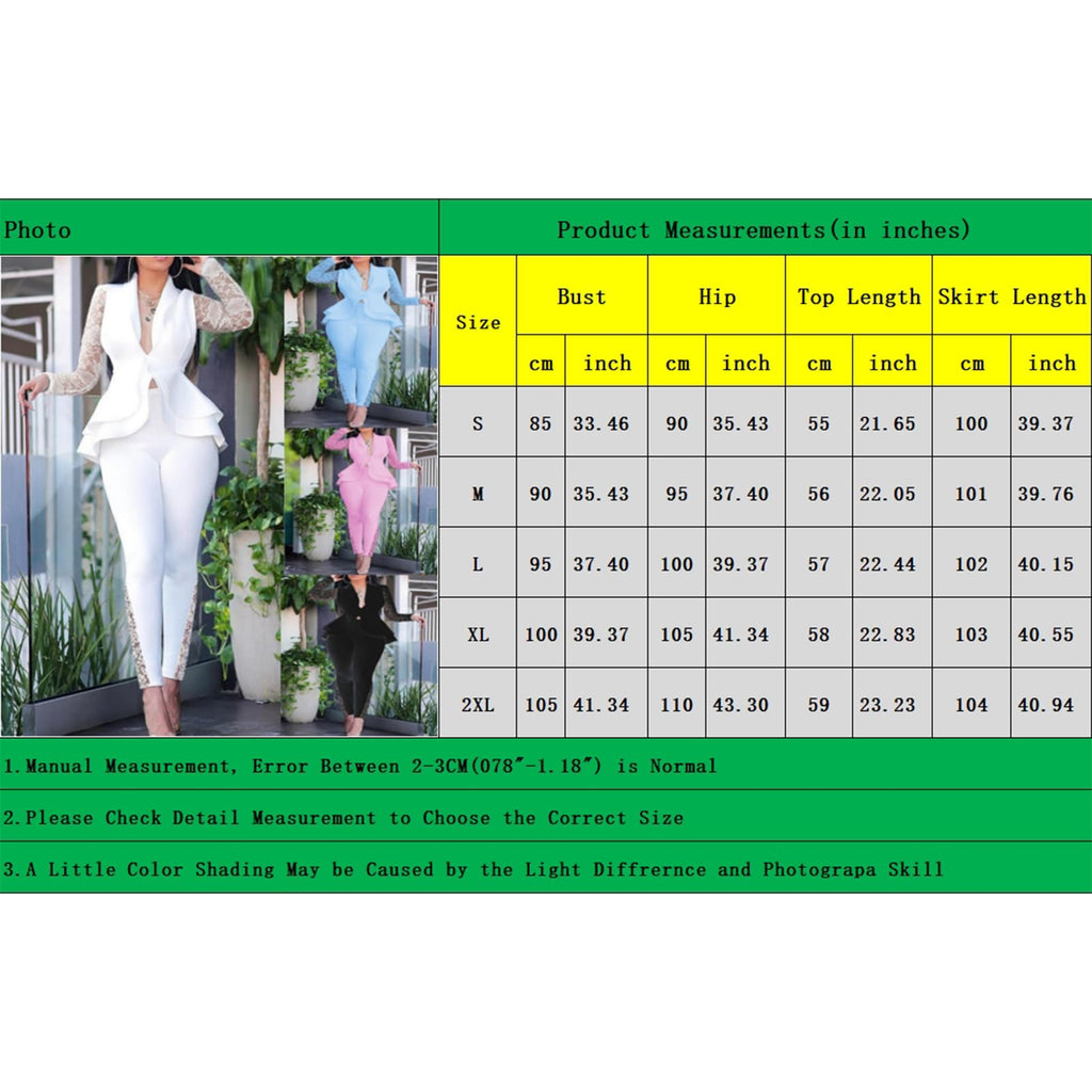 Women's Lace Long Sleeve Sheer Mesh Ruffle Blazer Bodycon Two Piece Outfits Suit