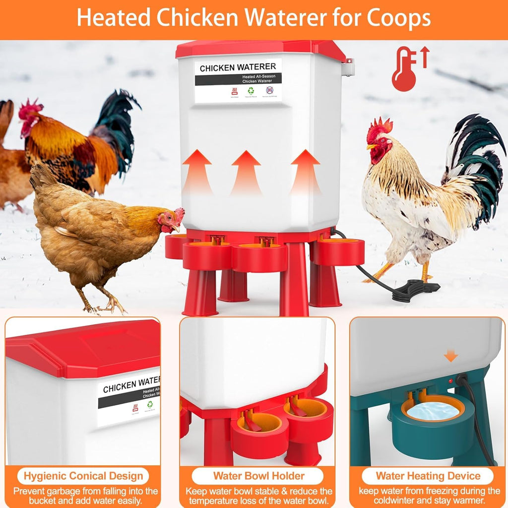 Heated Chicken Waterer 11L Anti-Freeze Poultry Drinker 4 Cups Dark Red