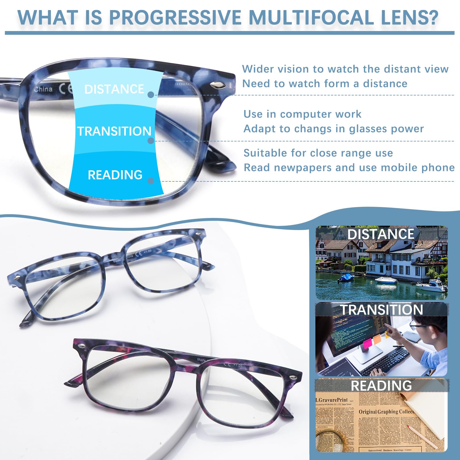 STASTEND Progressive Multifocal Anti Blue Light Reading Glasses for Women and