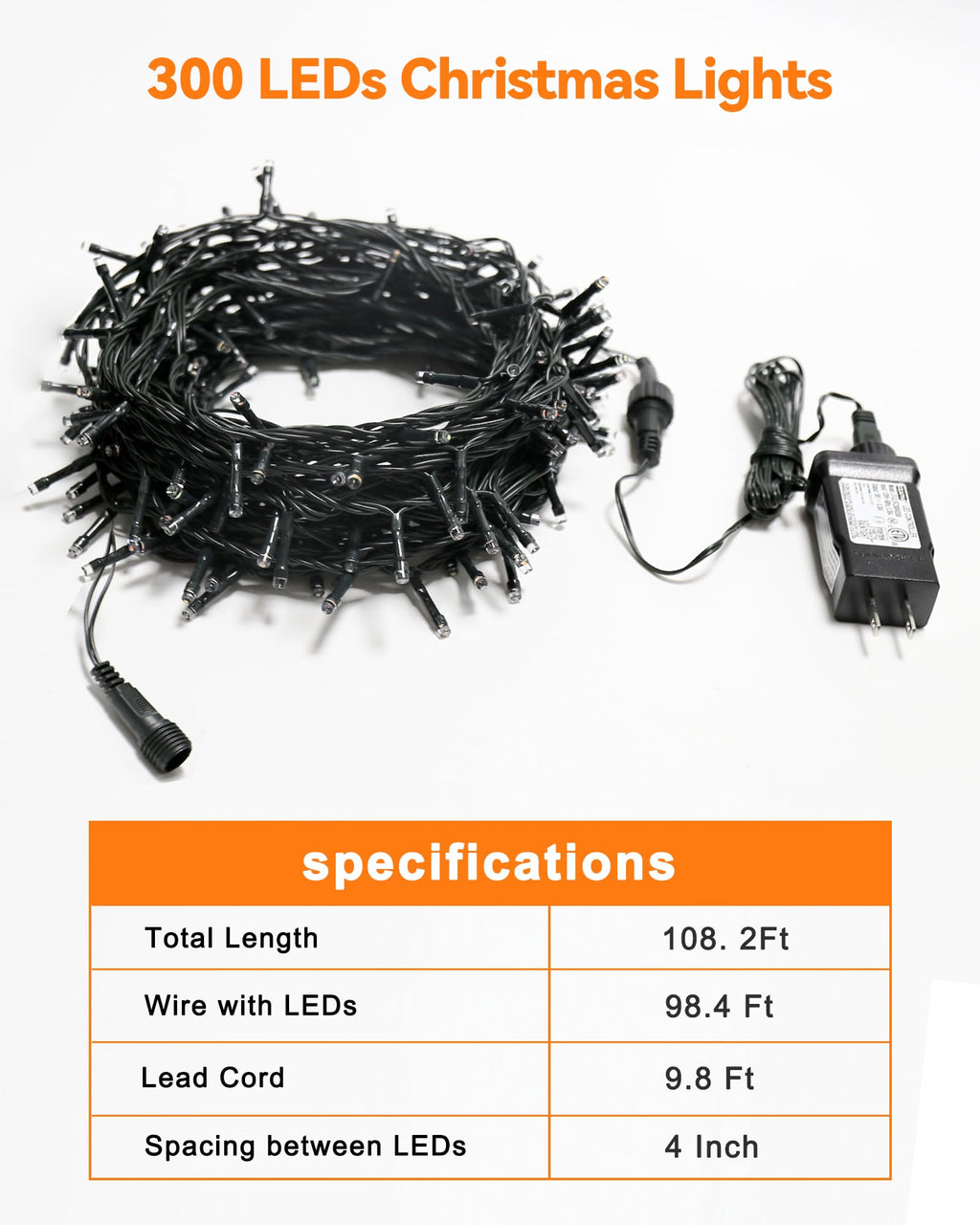 Blingstar Christmas String Lights - 98.4 Ft+9.8 Ft 300 LED Extendable Plug-in 8