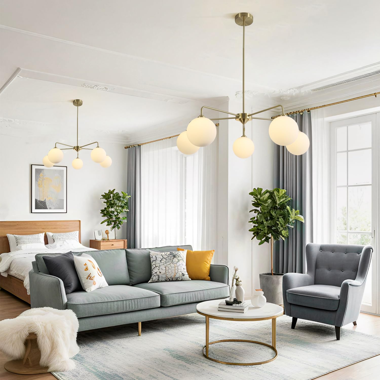 Flyrose Modern Gold and White Chandelier Light Fixture Vintage Brass Globe