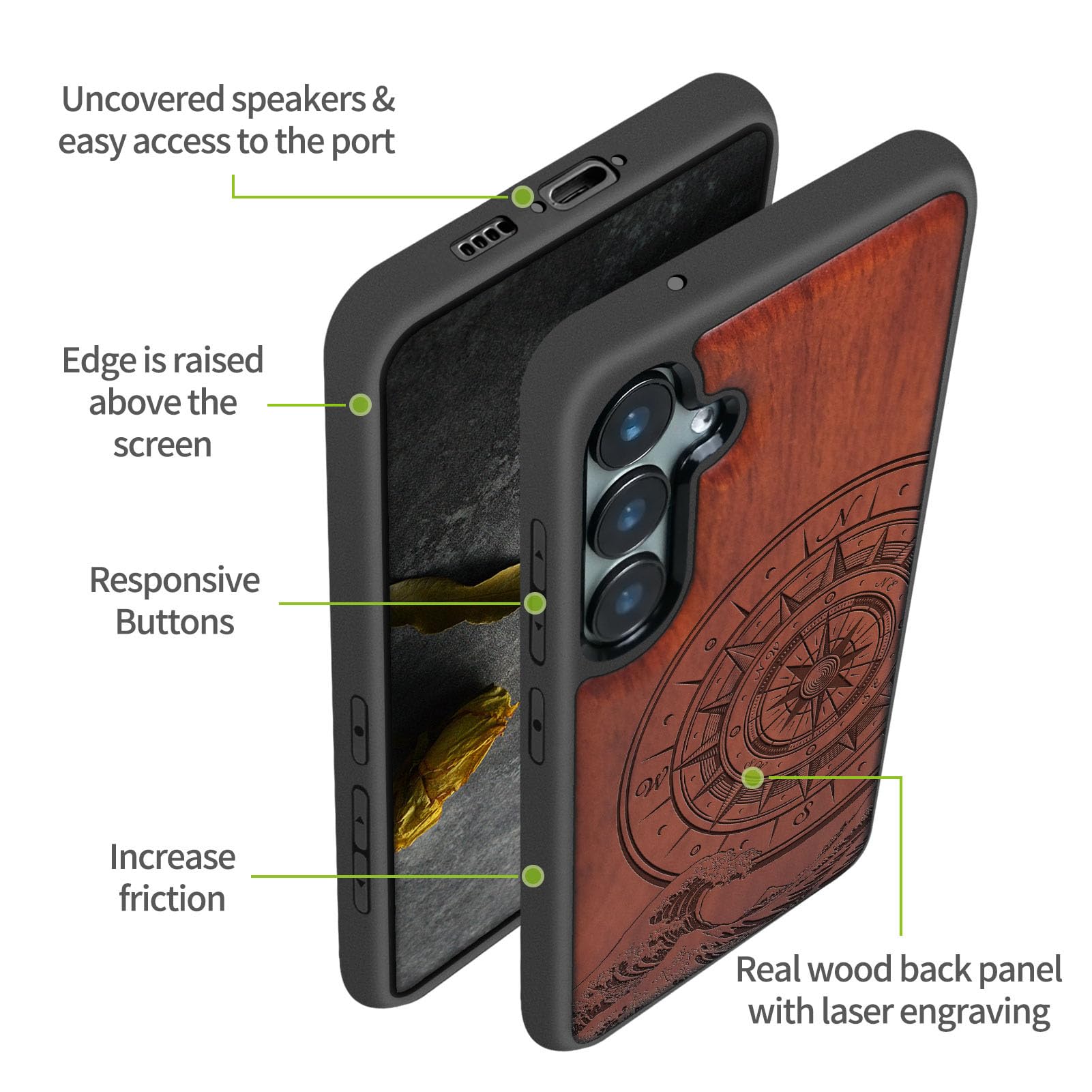 Carveit Wood Case for Galaxy S23 FE - Natural Wood & Black Soft TPU - Shockproof