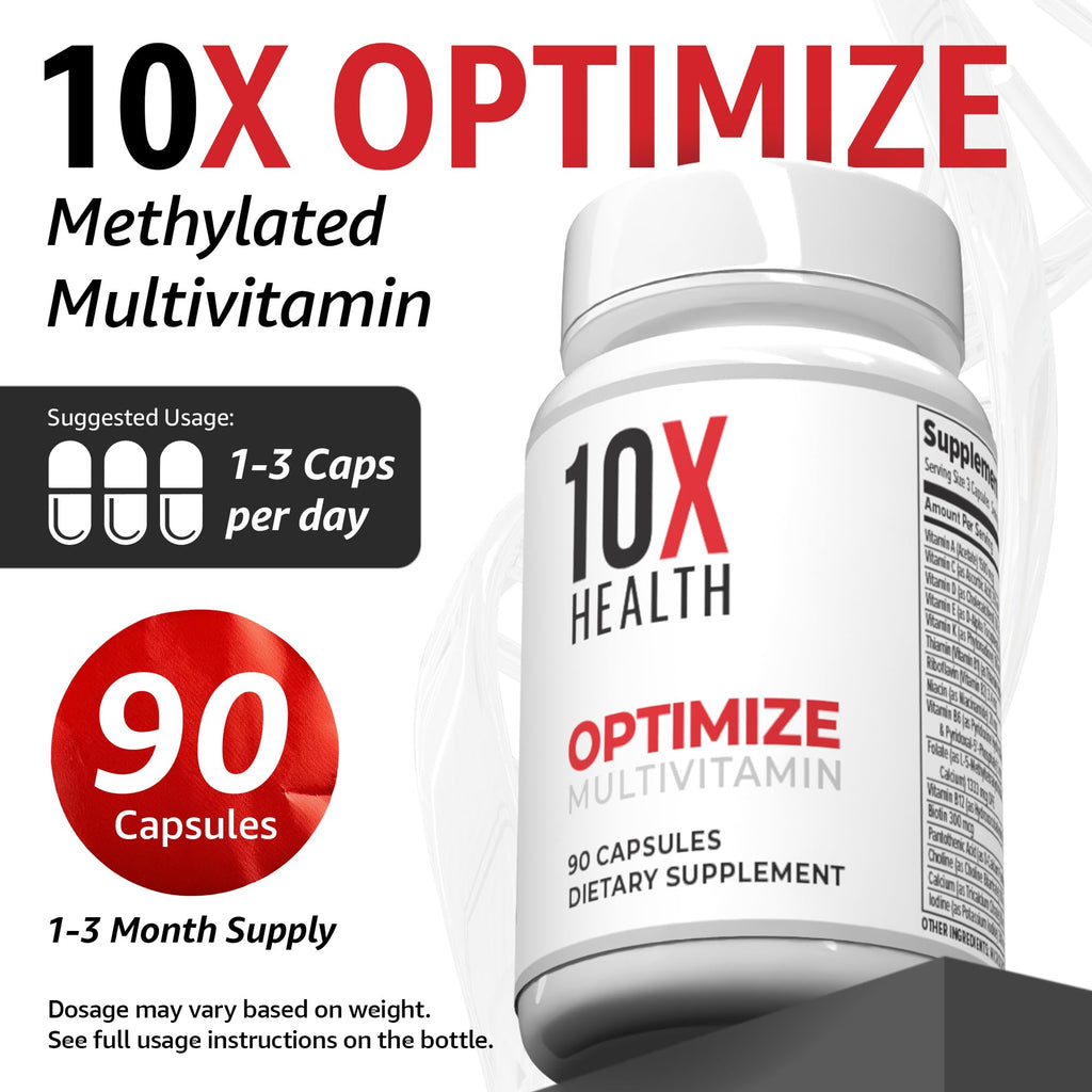 10X Health Optimize Methylated Multivitamin for Men and Women - 90 Capsules, 34 in 1 Formula with 800 mcg of Vitamin B12, 5-MTHF, NAC - Methyl B Complex