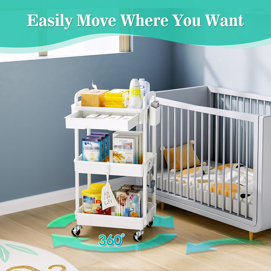 3 Tier Rolling Cart Drawer Bathroom Storage Organizer 2 Lockable Wheels White