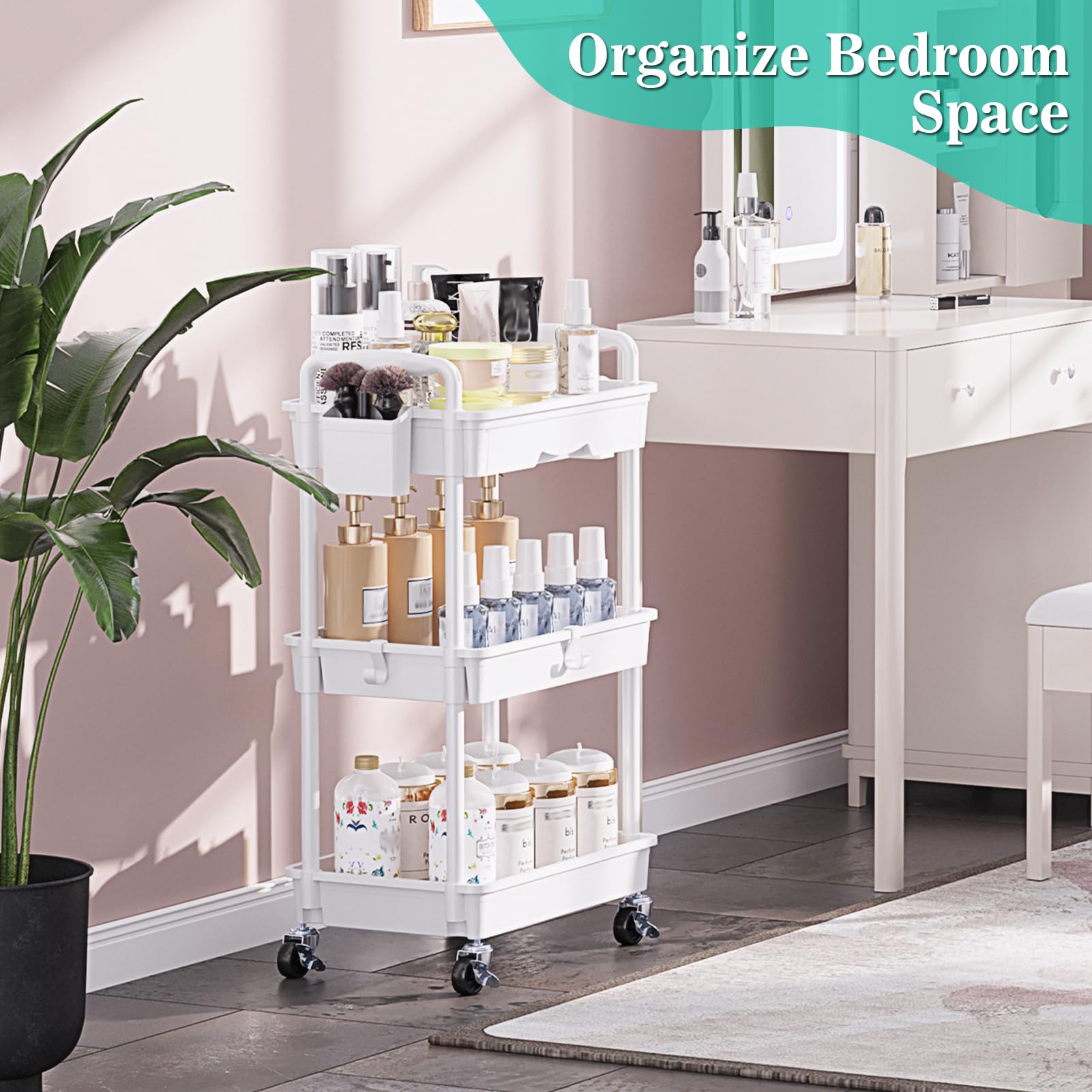 3 Tier Rolling Cart Drawer Bathroom Storage Organizer 2 Lockable Wheels White