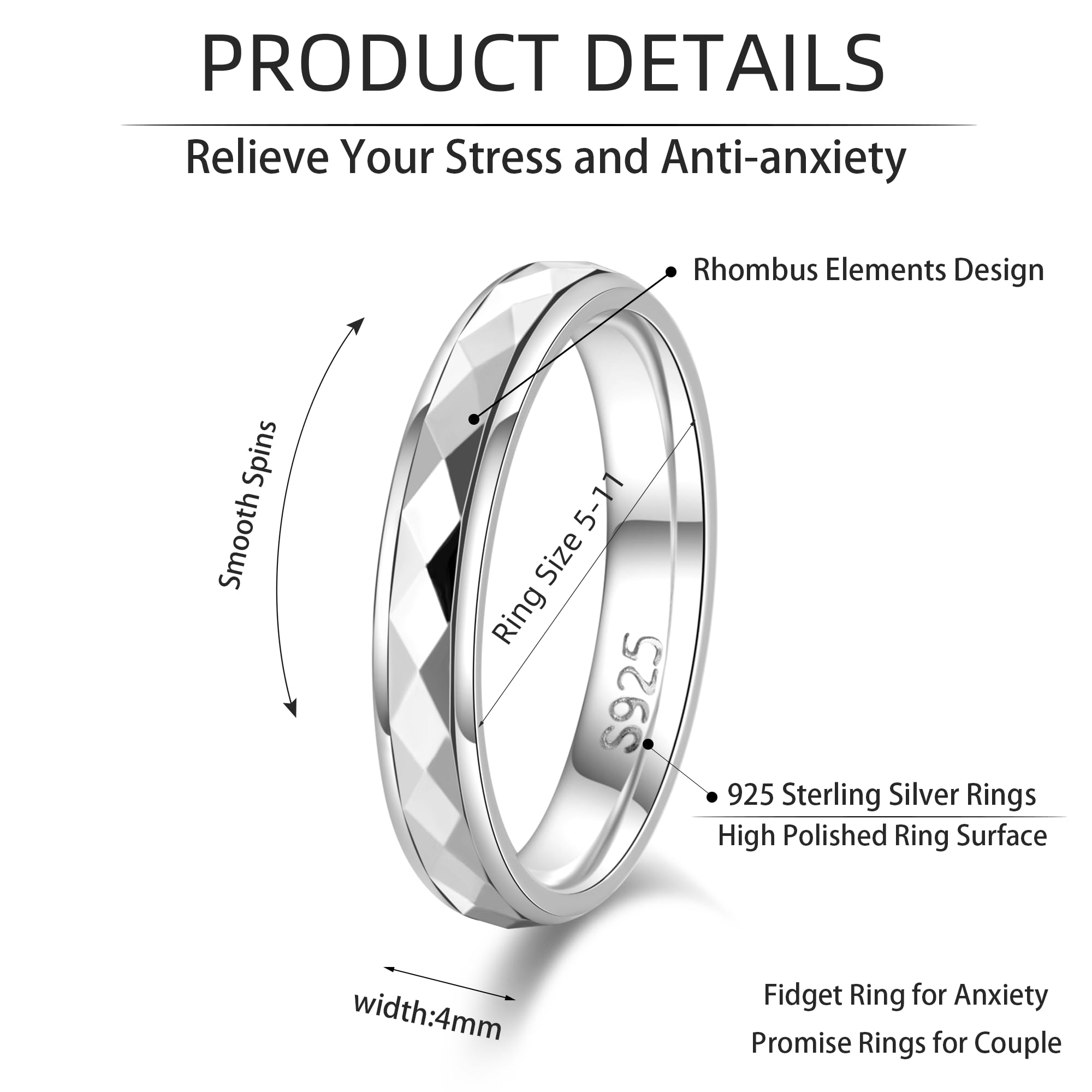 LOFITOR 925 Sterling Silver Fidget Ring for Women Band Multi-faceted Anxiety Ring 4mm Silver Band Spinner Ring for Men Stress Relief Anti-anxiety Rings Rhombus Size14.5