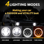 Shkalacar 7inch LED Headlight H4 140W Angel Eyes Round 4 Modes 14000LM 6000K