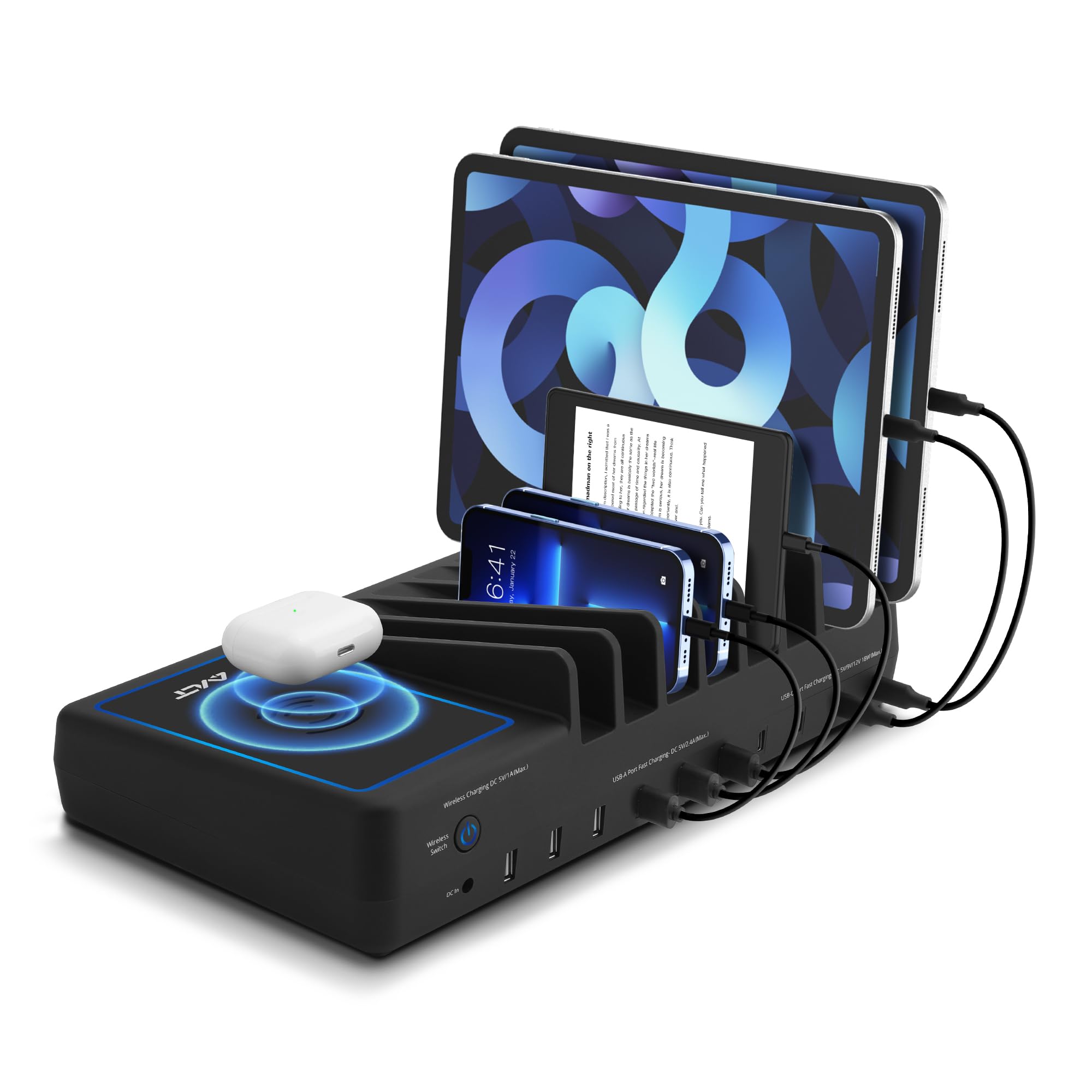 AVLT 150W 10 Port USB Charging Station Qi Wireless Charger Organizer Black