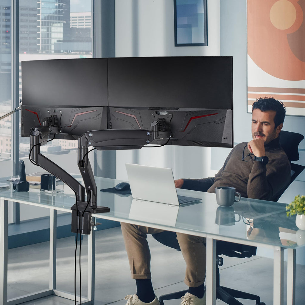 AVLT Dual Monitor Arm Desk Mount 13-43in Full Motion VESA USB Pass Through Black