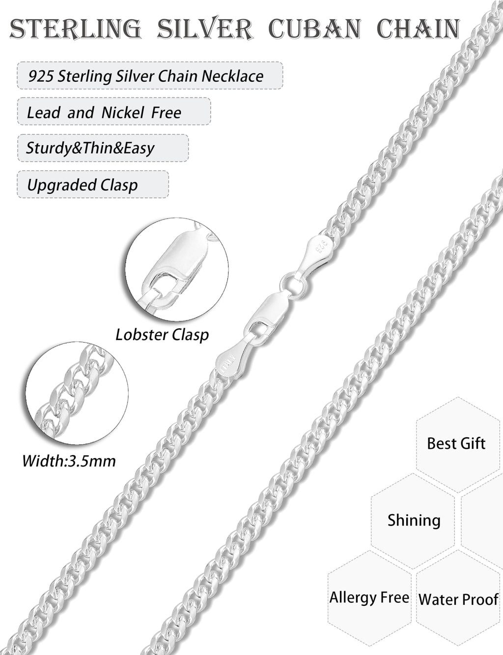 MOLAYES Solid 925 Sterling Silver 3.5mm Cuban Link Curb Chain Necklace for Men