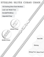 MOLAYES Solid 925 Sterling Silver 3.5mm Cuban Link Curb Chain Necklace for Men