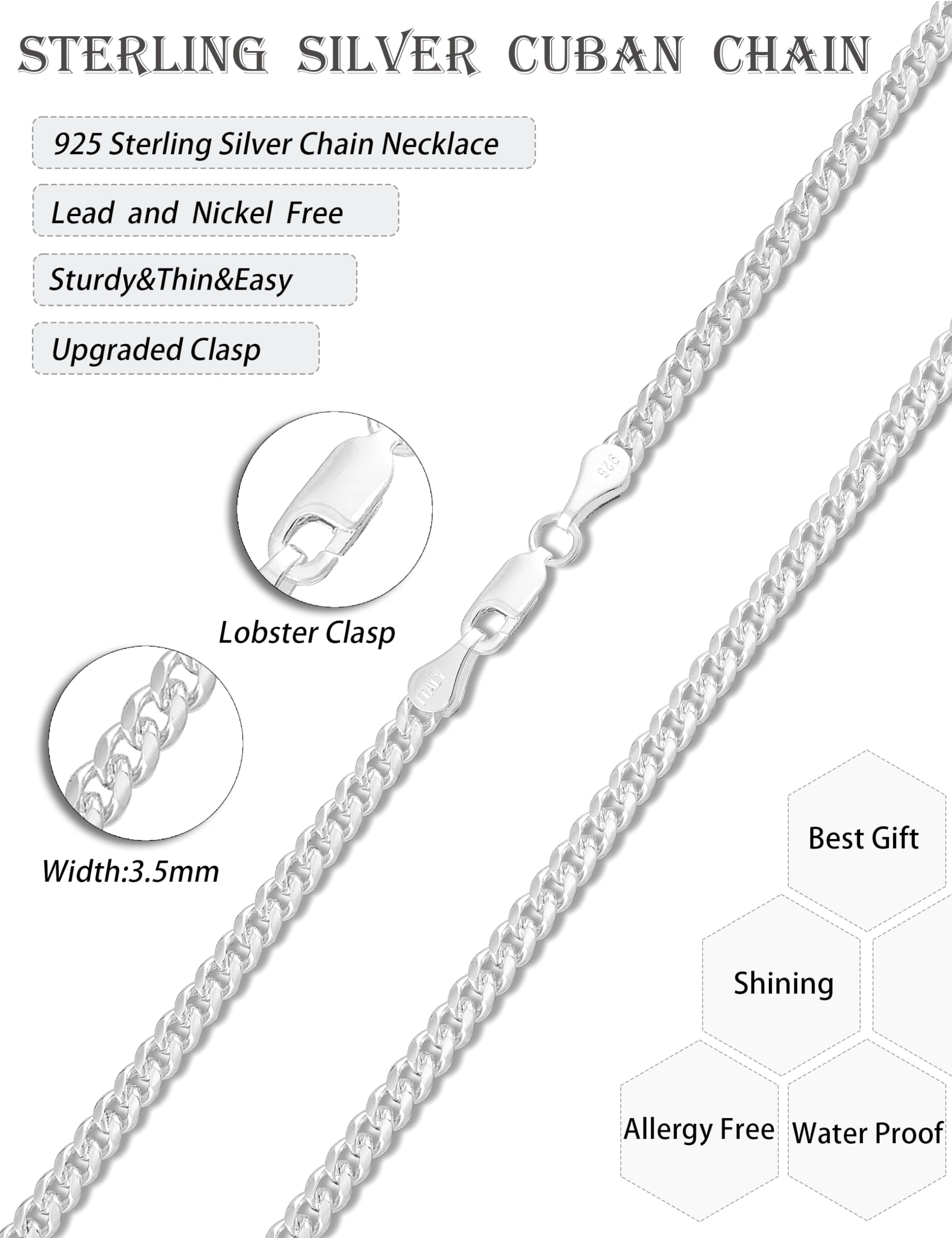 MOLAYES Solid 925 Sterling Silver 3.5mm Cuban Link Curb Chain Necklace for Men