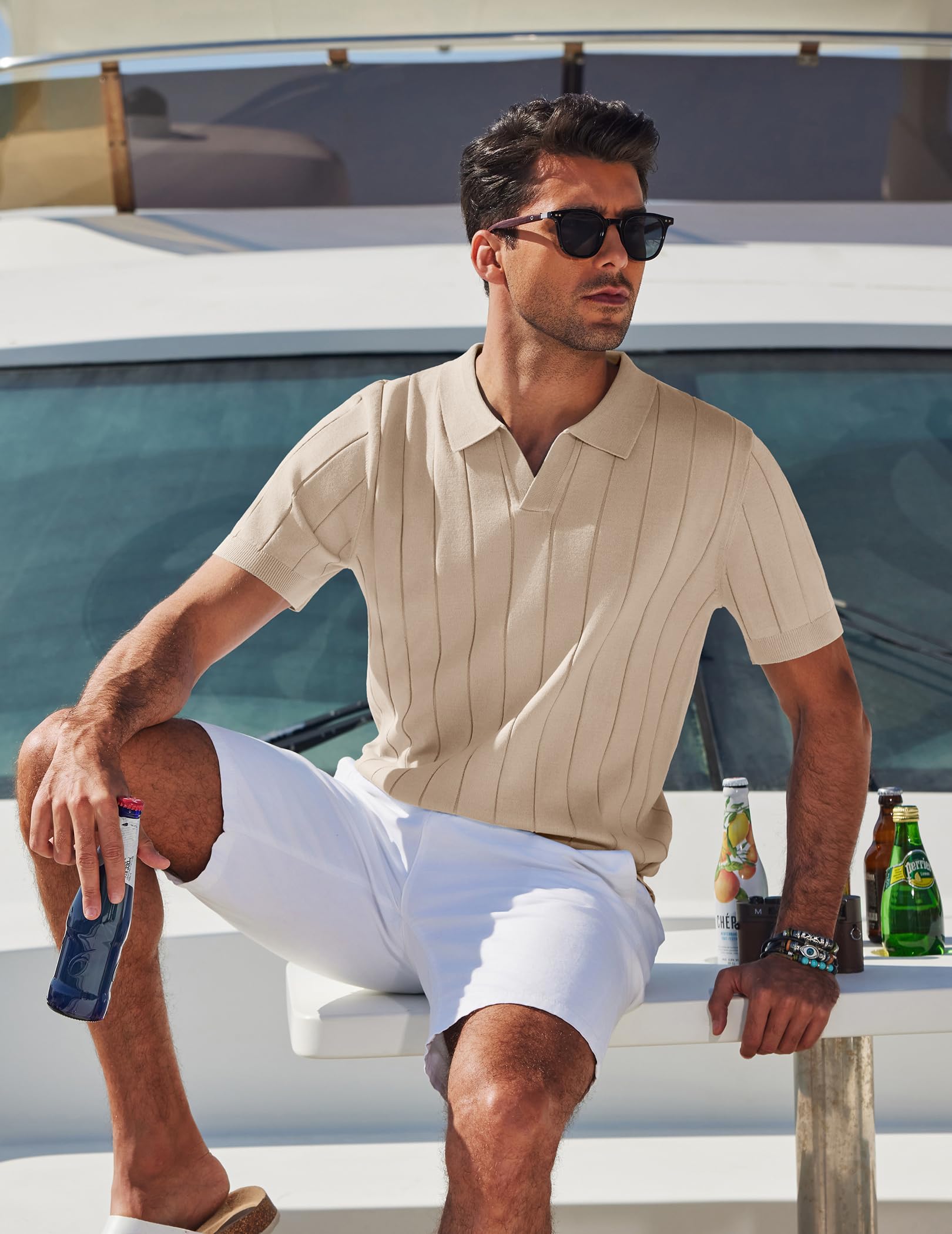COOFANDY Mens Knit Polo Shirt Short Sleeve V Neck Casual Golf Shirt