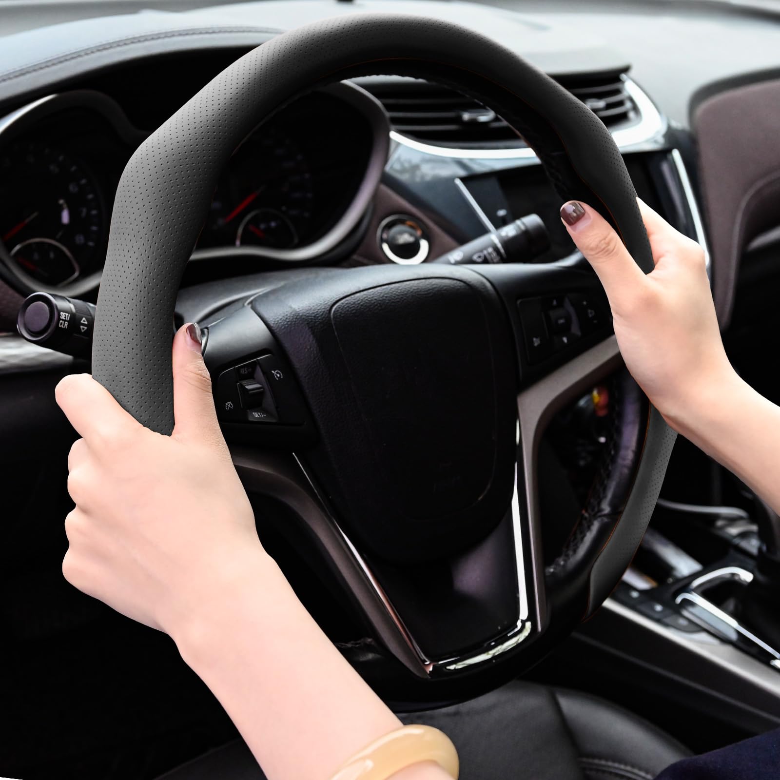 Seeyoo Nappa Leather Steering Wheel Cover, Ultra Thin Non Slip Segmented Car