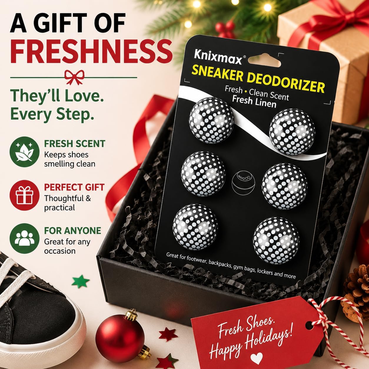 Knixmax Sneaker Deodorizer Shoe Freshener Balls, Odor Eaters for Shoes Boots Mules, Smell Eliminator Ball for Gym Gear Bags and Lockers, Fresh Linen Scent, Pack of 6, Black White