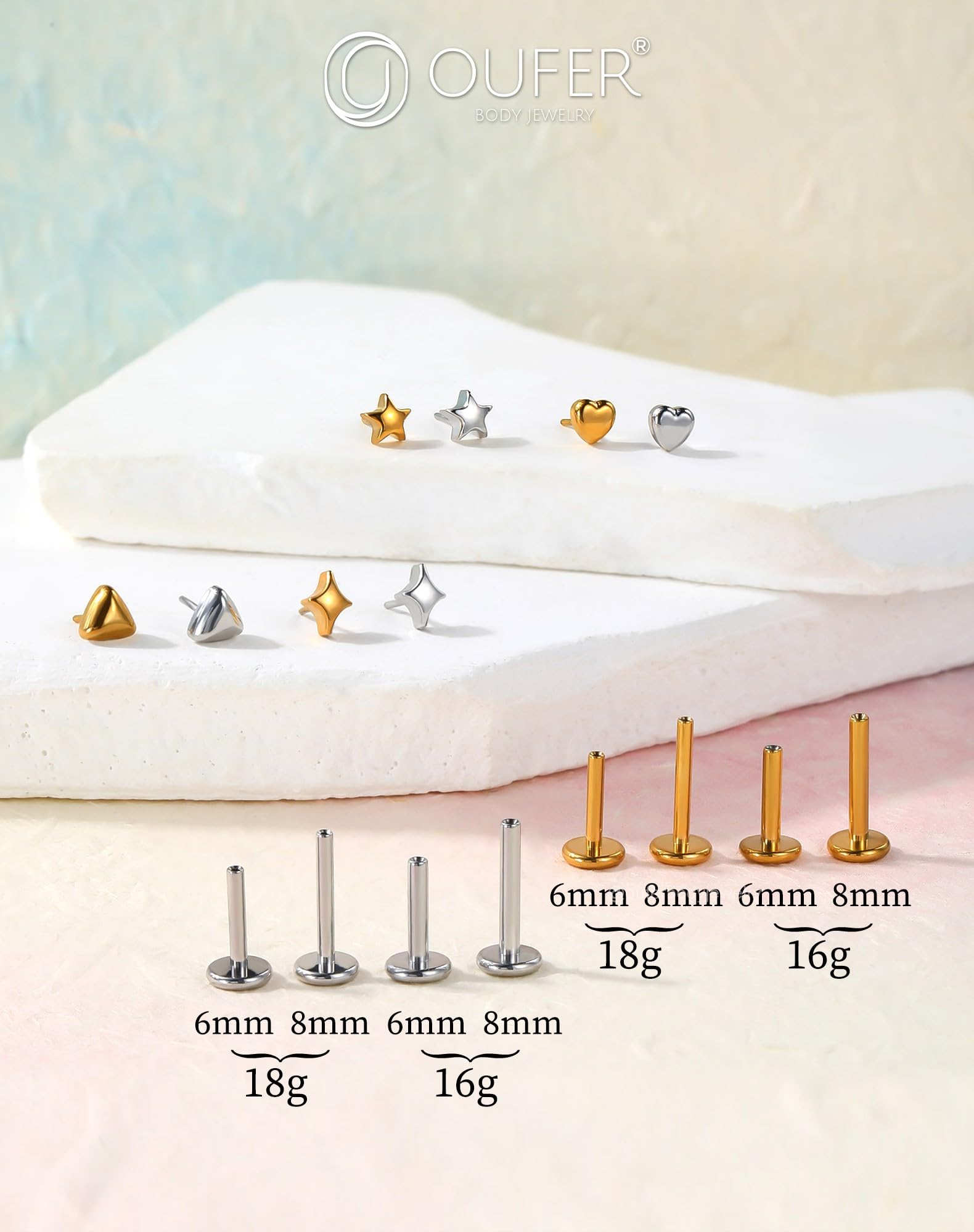 OUFER 18G 6mm G23 Titanium Heart Stud, Flat Back Threadless Silver Jewelry for