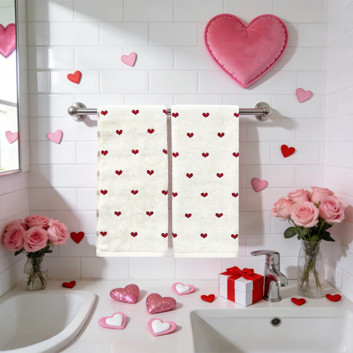 YIXAXKAO 2 Pieces Valentine's Day Hand Towels for Bathroom Red Pink Heart Cotton