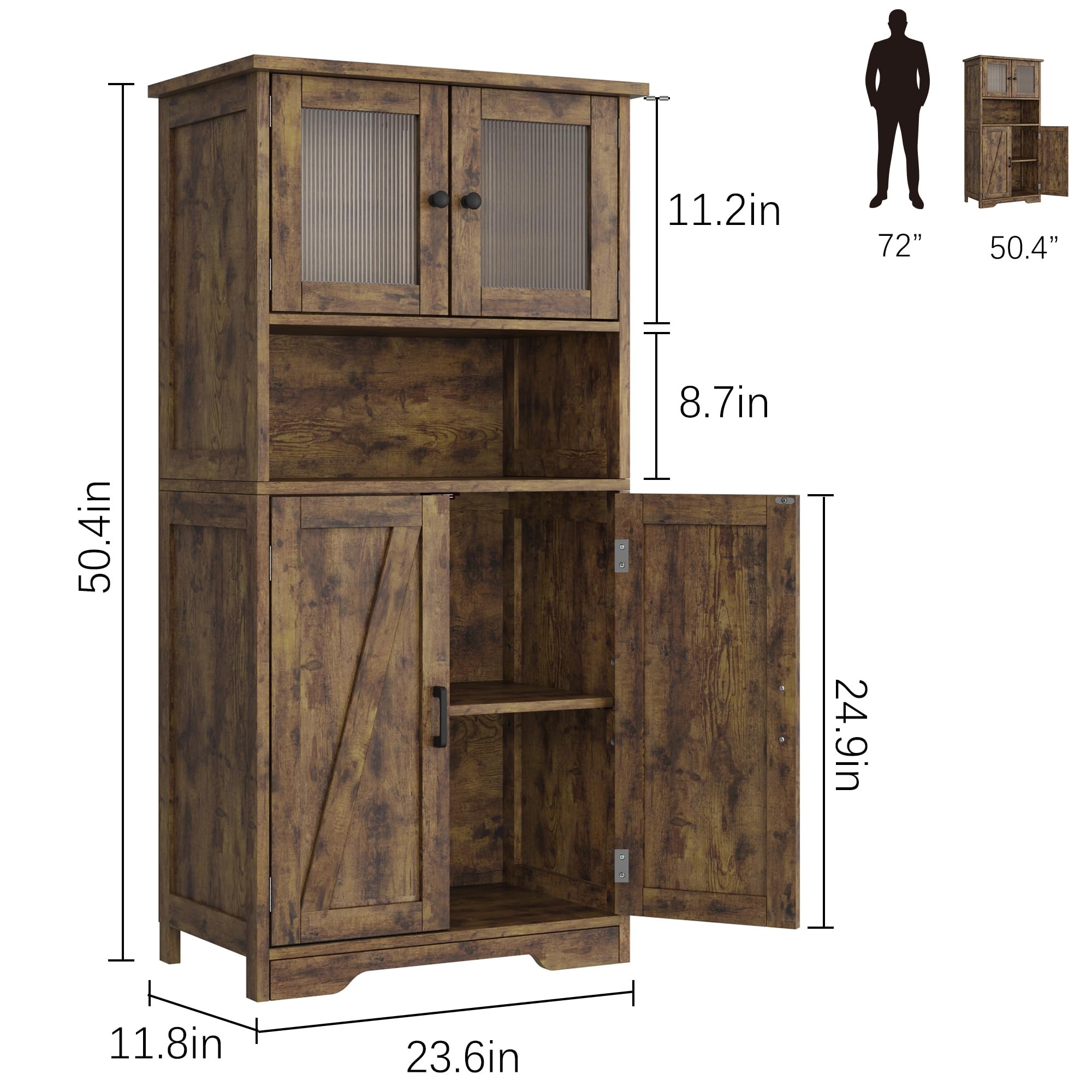 GarveeHome 54 in Tall Bathroom Cabinet, Farmhouse Storage Cabinet with Glass