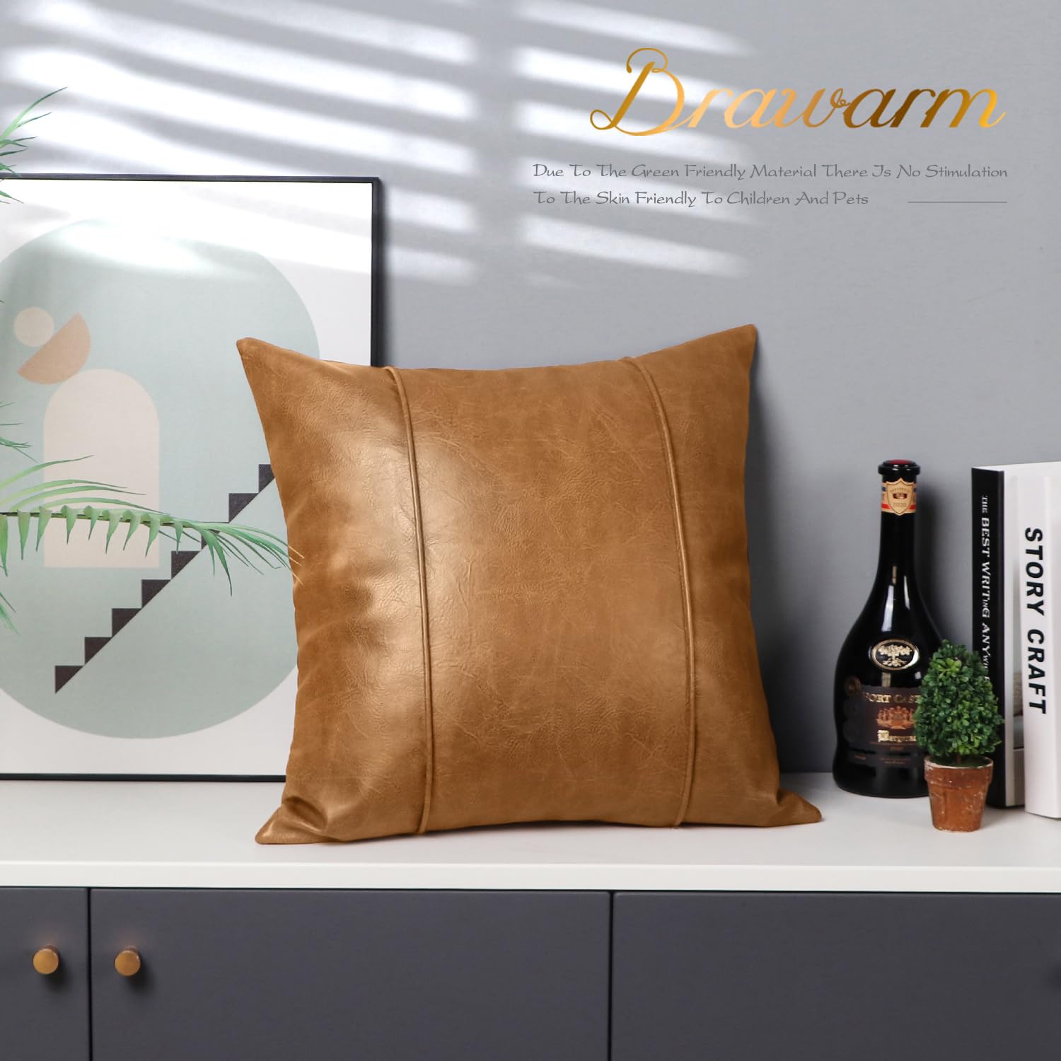 BRAWARM Tan Leather Throw Pillow Covers 22 X 22 Inches - Faux Leather Pillow
