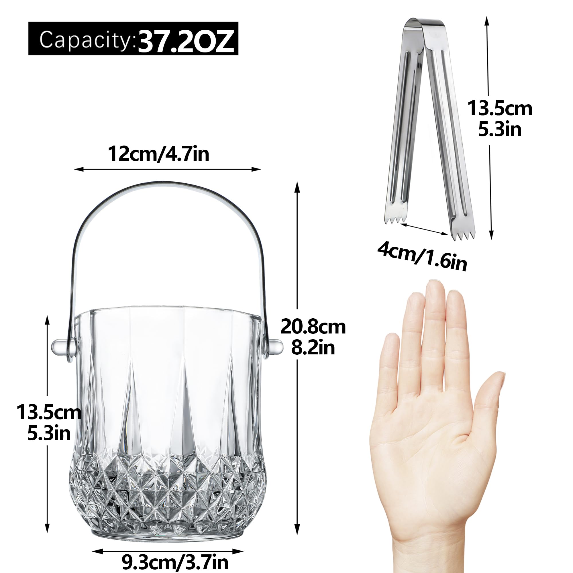 Glass Ice Bucket with Handle & Tongs 37oz Clear Crystal Champagne Cocktail
