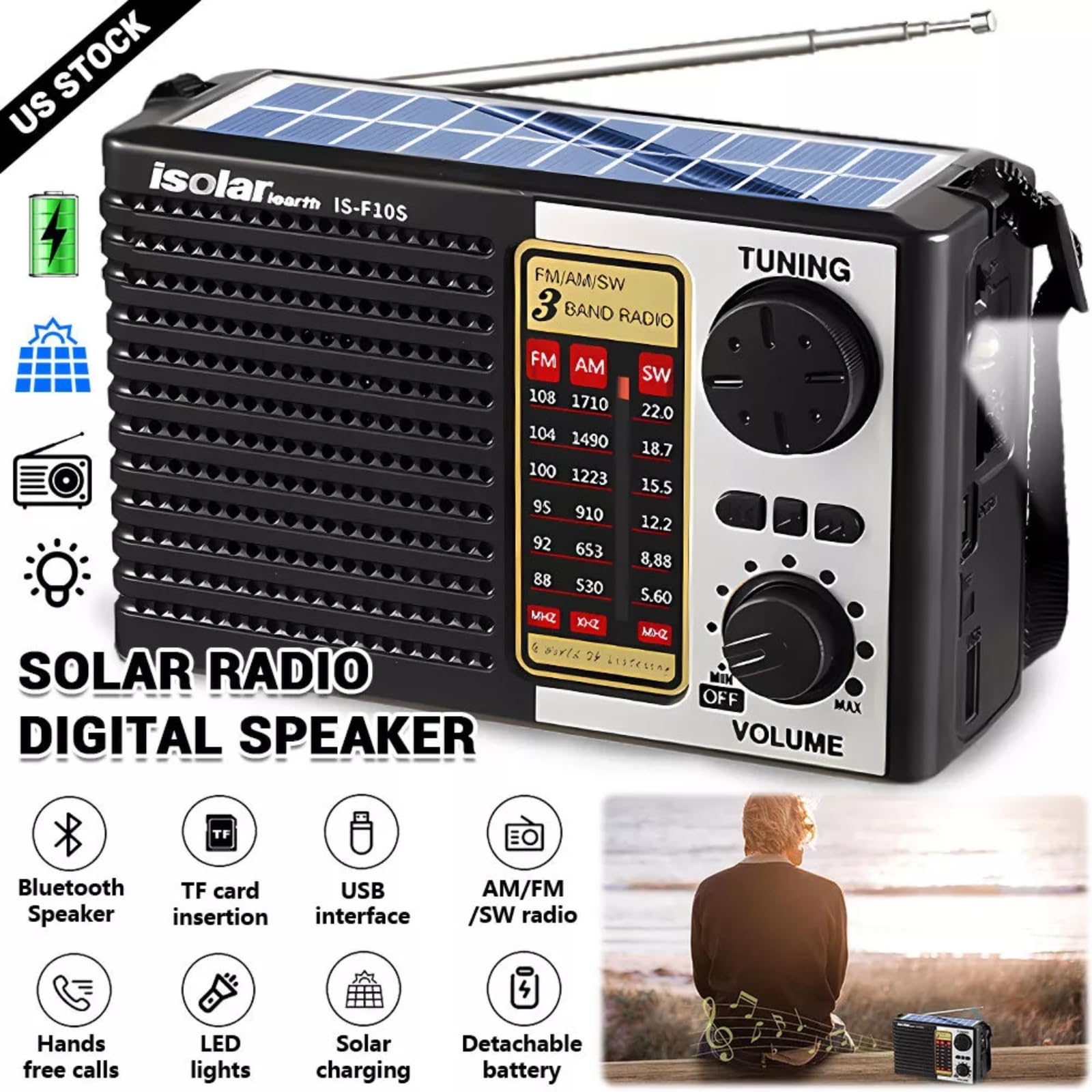 ikaufen Solar Portable FM/AM SW Radio Digital Bluetooth Speaker MP3 Player