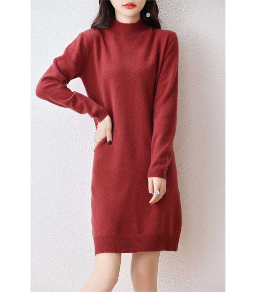 Ailaile 100% Merino Wool Sweater Dress Women's Long Sleeve Mock Neck Pullover
