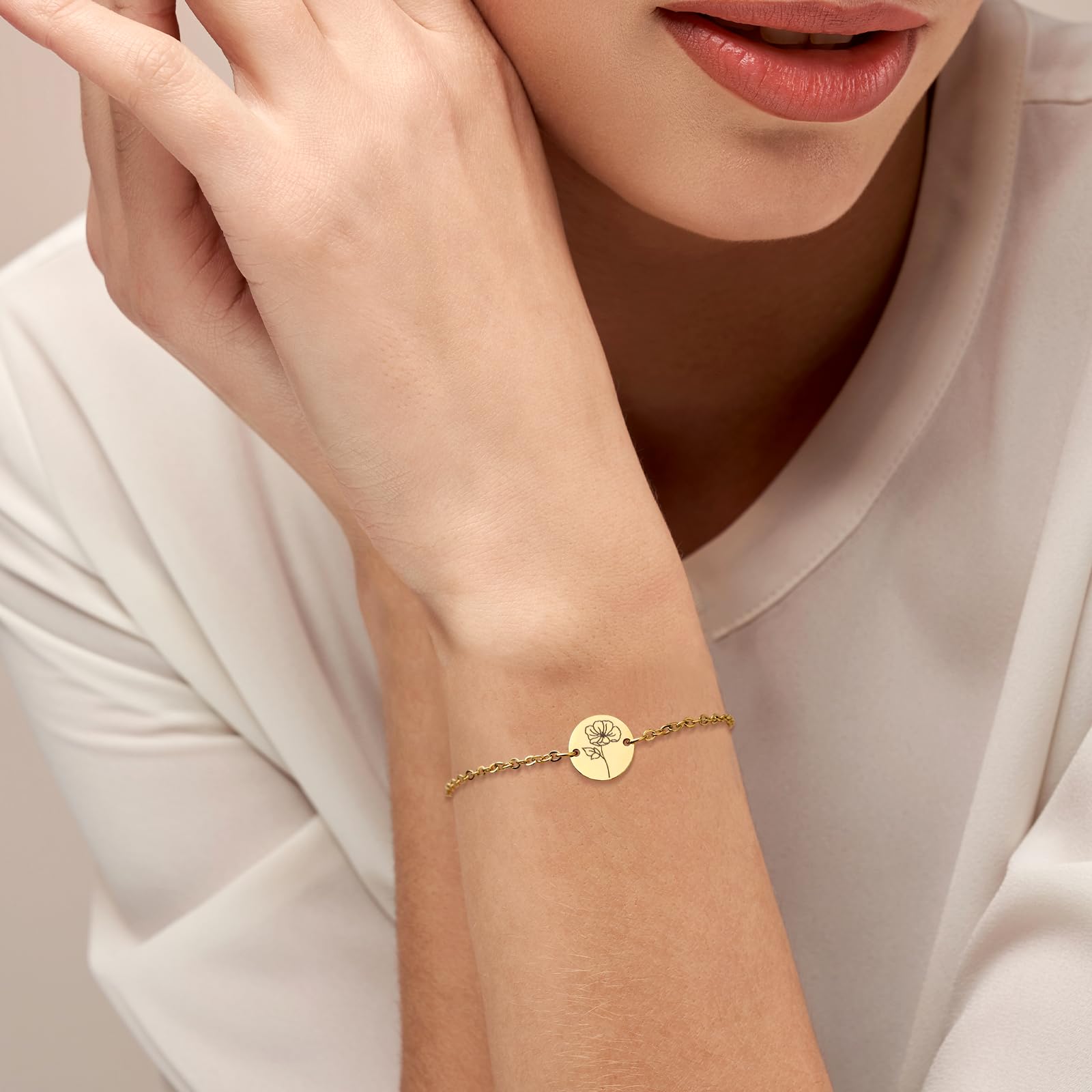 Birth Flower Gold Chain Bracelet for Women Adjustable Stackable Jewelry Gift