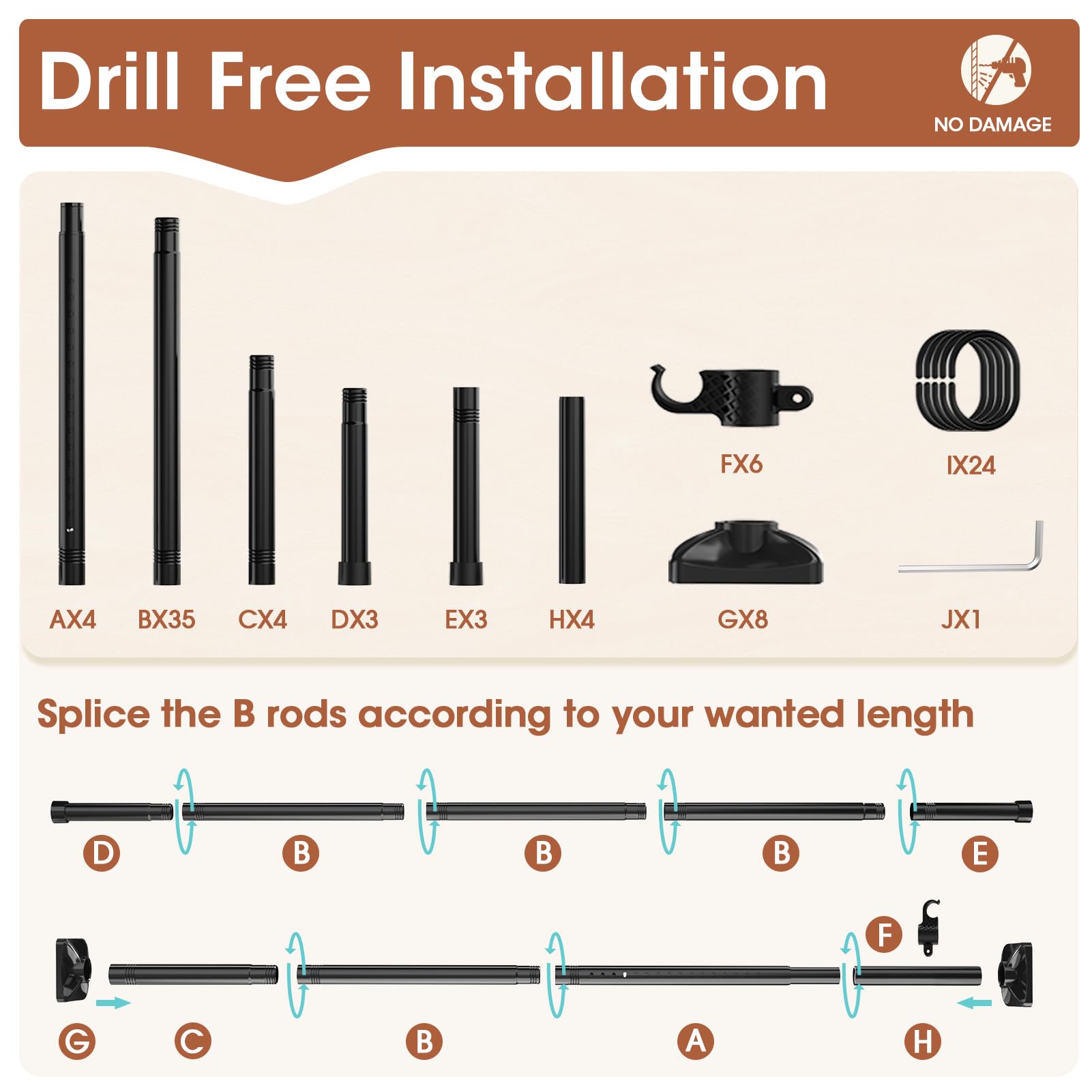 SUNALLY Room Divider Curtain Rod, No Drilling Wall Divider for Room Separation,
