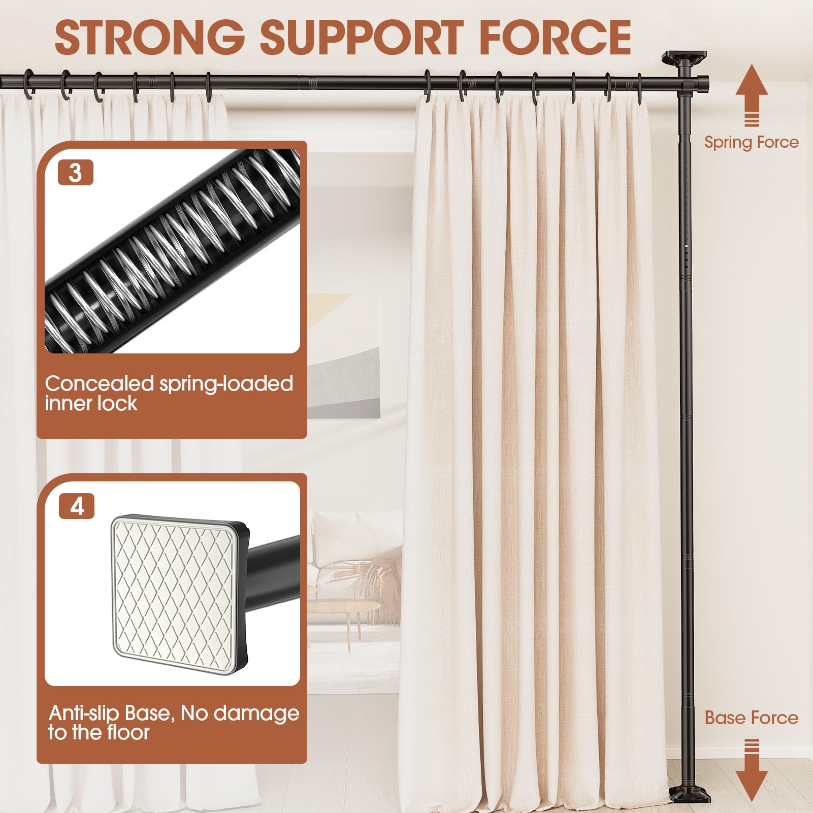 SUNALLY Room Divider Tension Curtain Rod Adjustable 4-10ft Black Heavy Duty